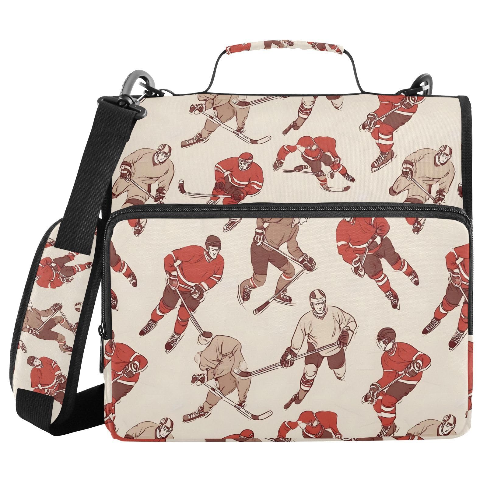 3 Ring Zipper Binder with Shoulder Strap Hockey Players Vintage Sport Ball 1.5 inch Binders Keeper Large Capacity Multi Pockets for School Office Supplies