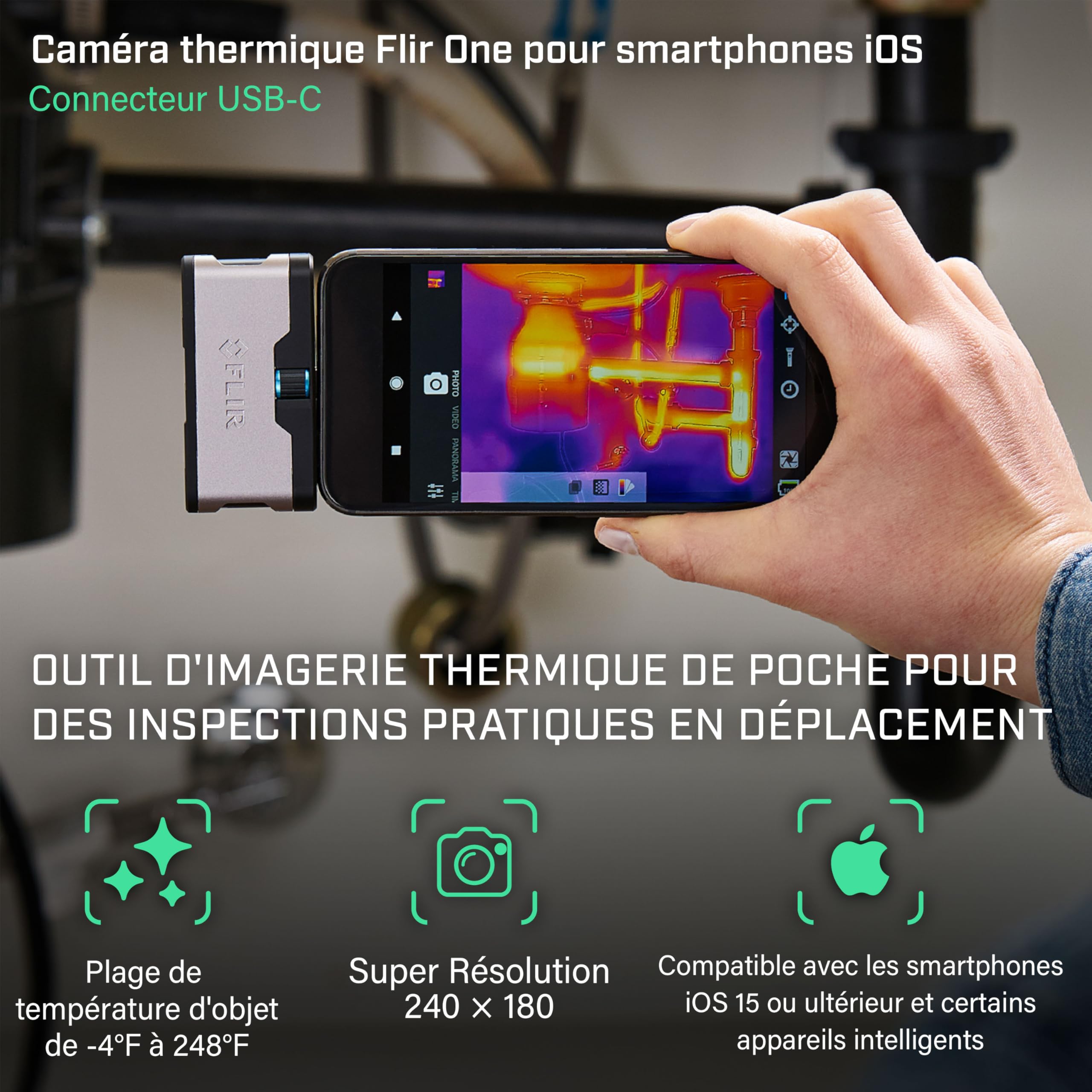 Flir One - Caméra thermique pour smartphones iOS (iPhone 15 et versions ultérieures avec USB-C), super résolution 240x180 (80x60 IR natif)