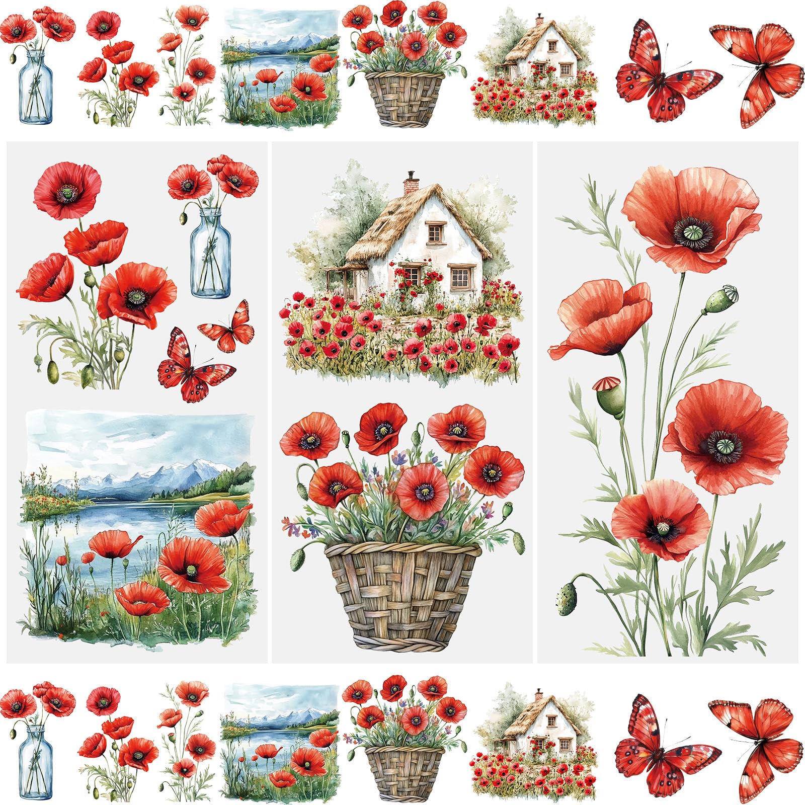 WANDIC 3 Sheets Rub on Transfer Stickers, Red Poppy Flower Design Decals Waterproof Stickers for Albums Furniture Windows, 15 x 30cm