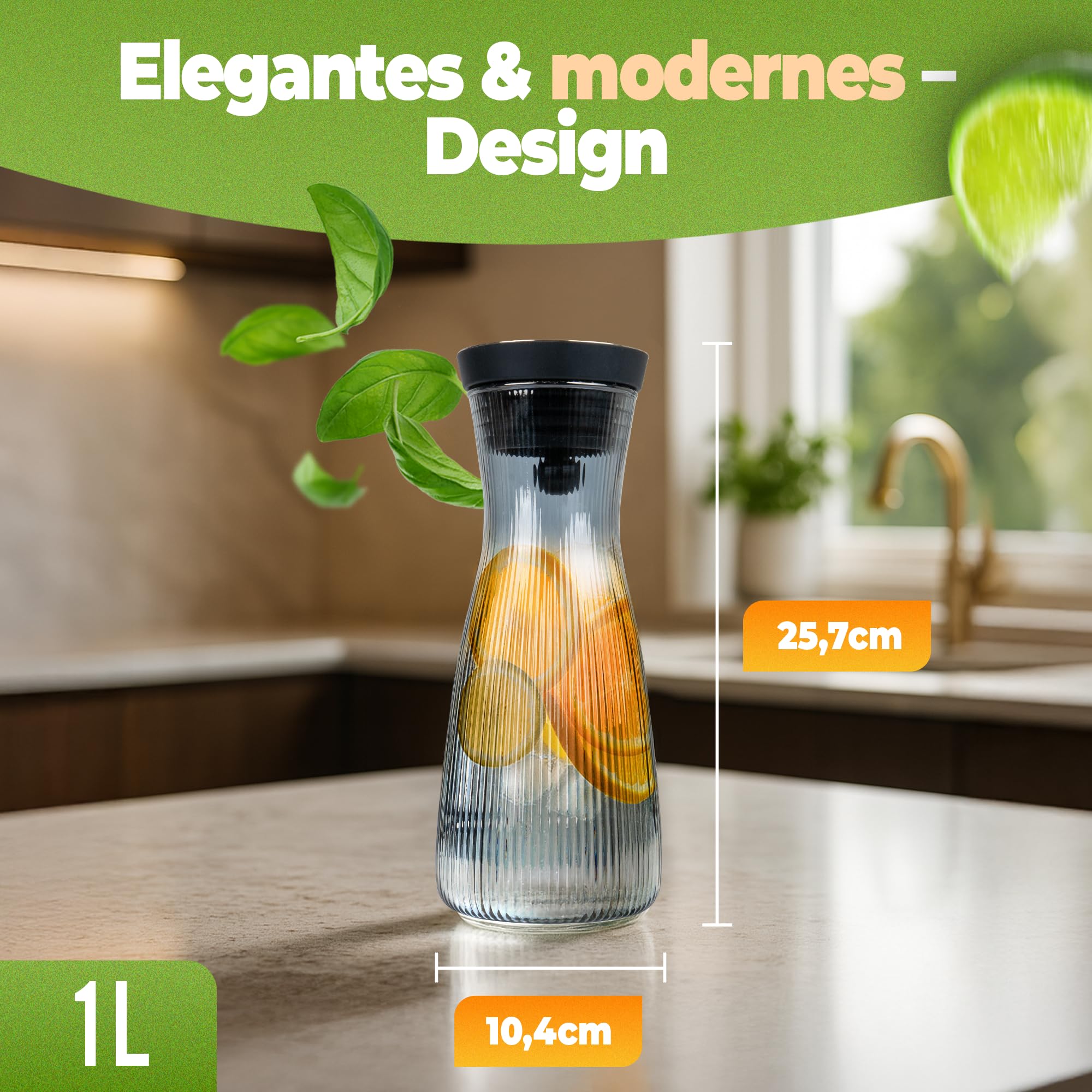 CLIDOR Caraffa per acqua con coperchio, 1 l, elegante barattolo per fumo, in vetro antigoccia, con coperchio in vetro borosilicato, elegante brocca per acqua con colino, ideale per liquido amniotico