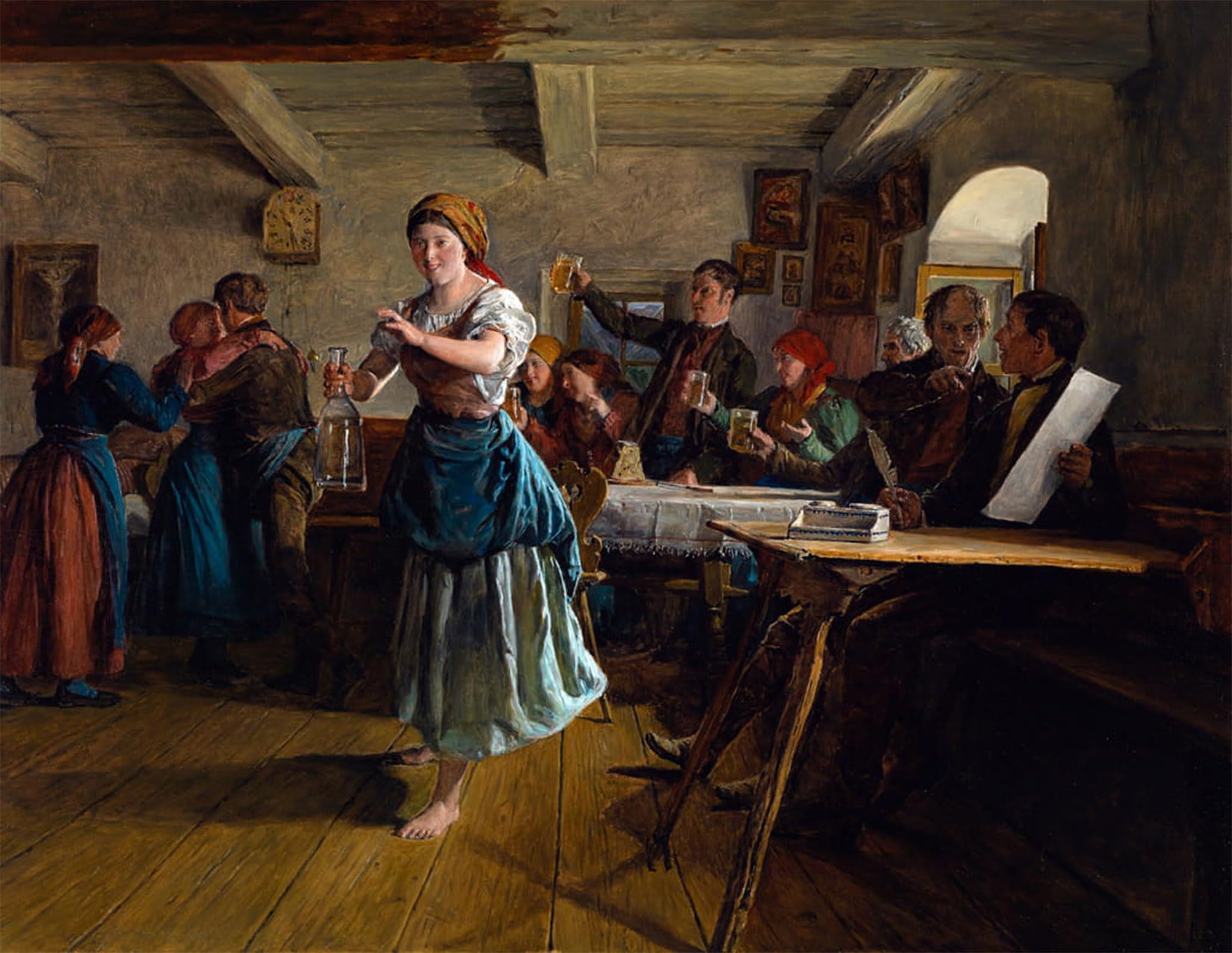 ARTXLXXBN Famous Painting Canvas Artwork Graffiti Print the Opening Dance Scene in a Cafe the Waitress Looking Happy and Barefoot by Ferdinand Georg Waldmuller for Home Decor 60x90cm