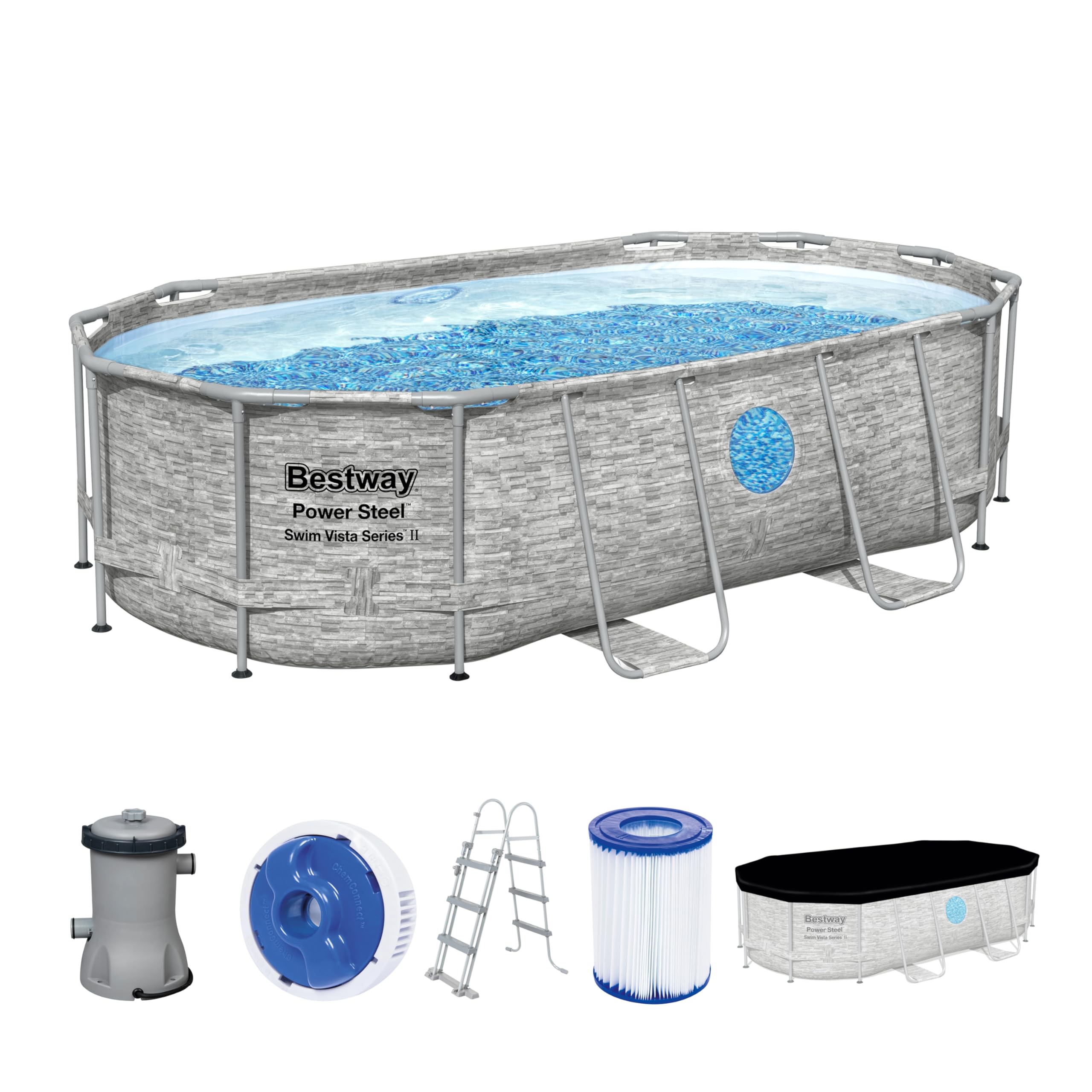 Bestway Power Steel Swim Vista Series Frame Pool Komplett-Set 427 x 250 x 100 cm Steinwand-Optik Cremegrau oval