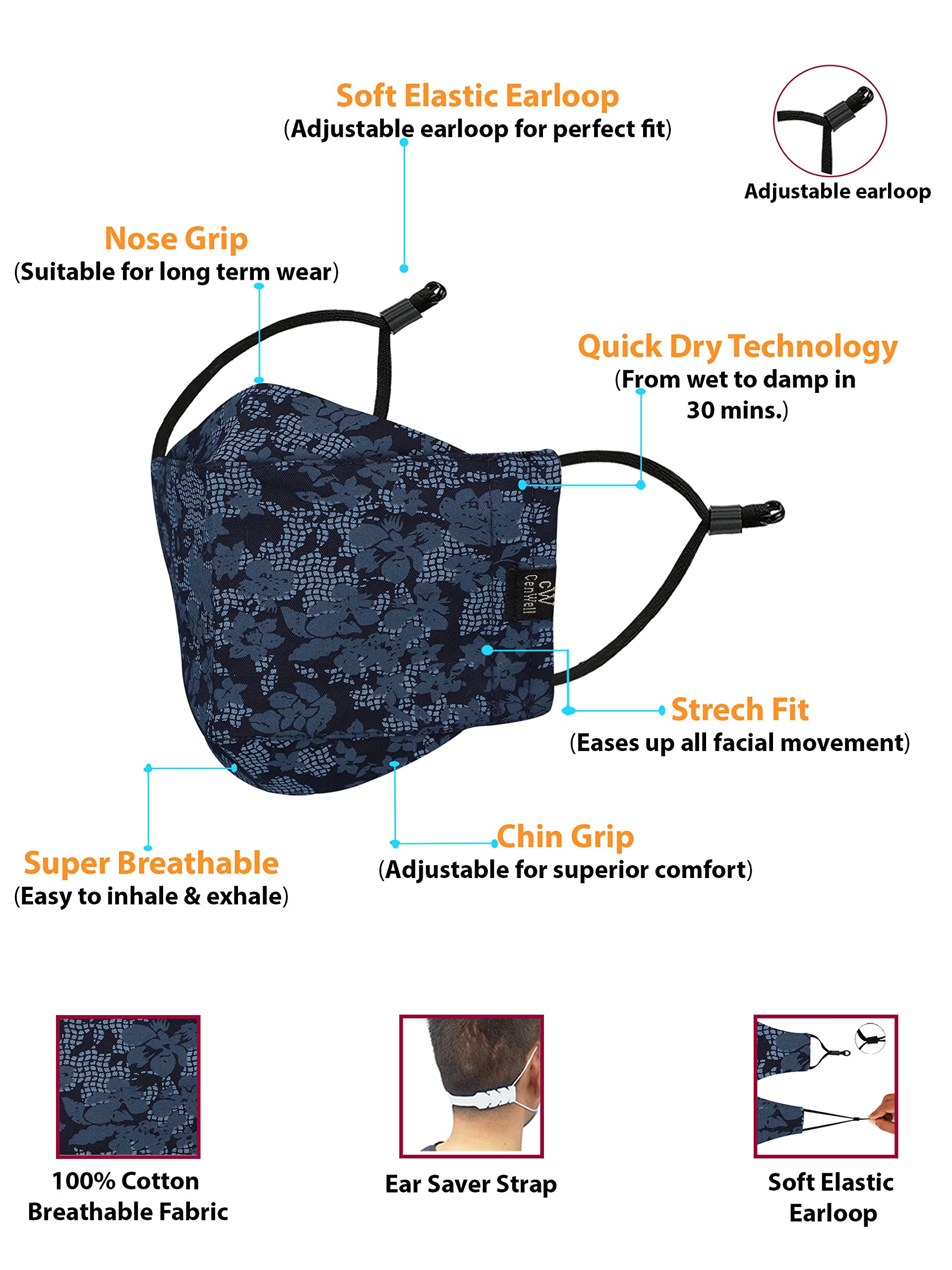 Cenwell Reusable, Washable Designer Fabric Cotton 3D Printed 6 Layer Face Mask with Adjustable Earloop, Ear Saver Strap, Melt Blown and Without Valve Filter for Men & Women (Pack of 3) 1