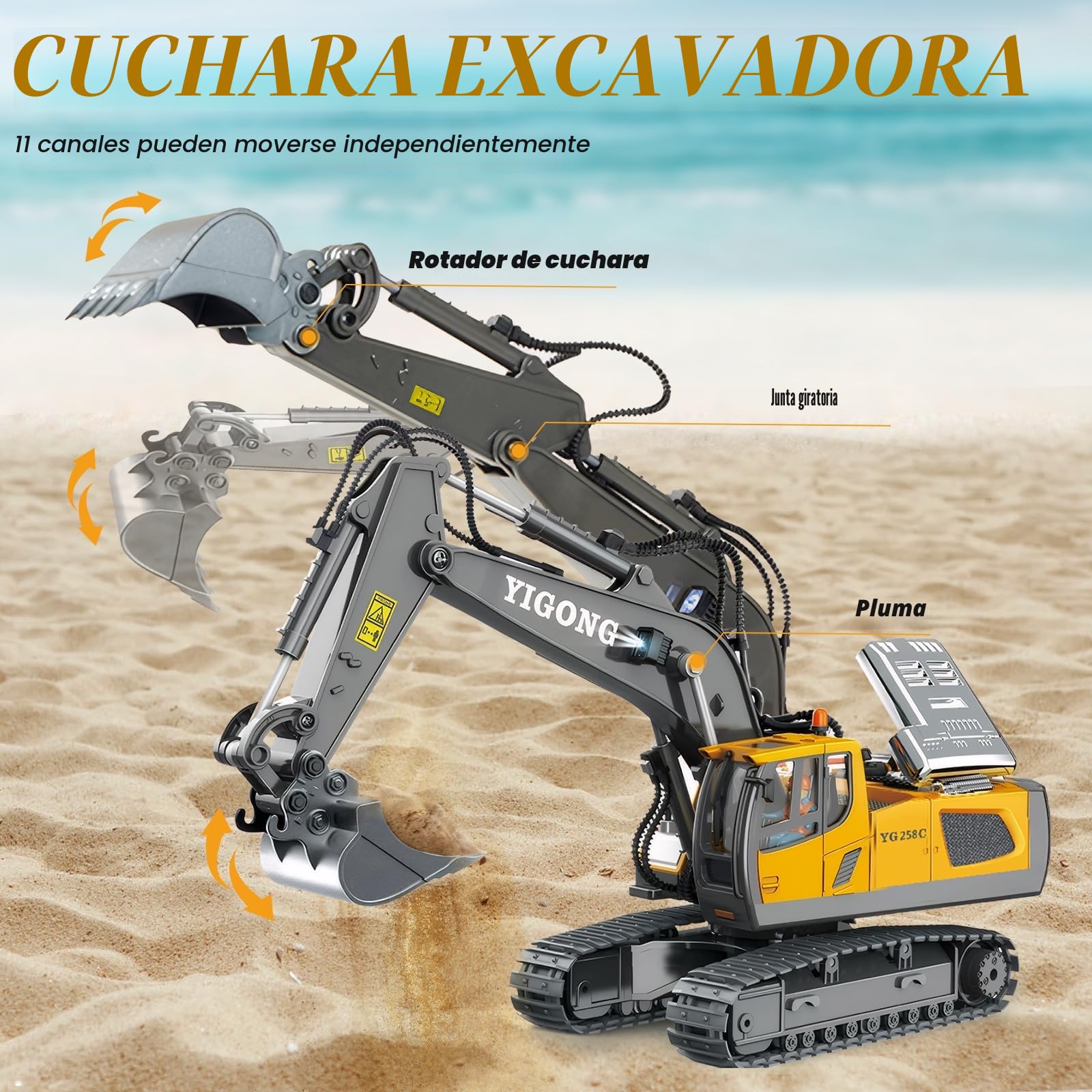 Juguete Excavadora Teledirigido, Juguete para Niños y Niñas Mayores de 3 Años, Rotación de 680°, 11 Canales, RC Recargable, Sonido y Luz, Excavadora Juguete para Niños de 6-12 años (2,4 GHz)