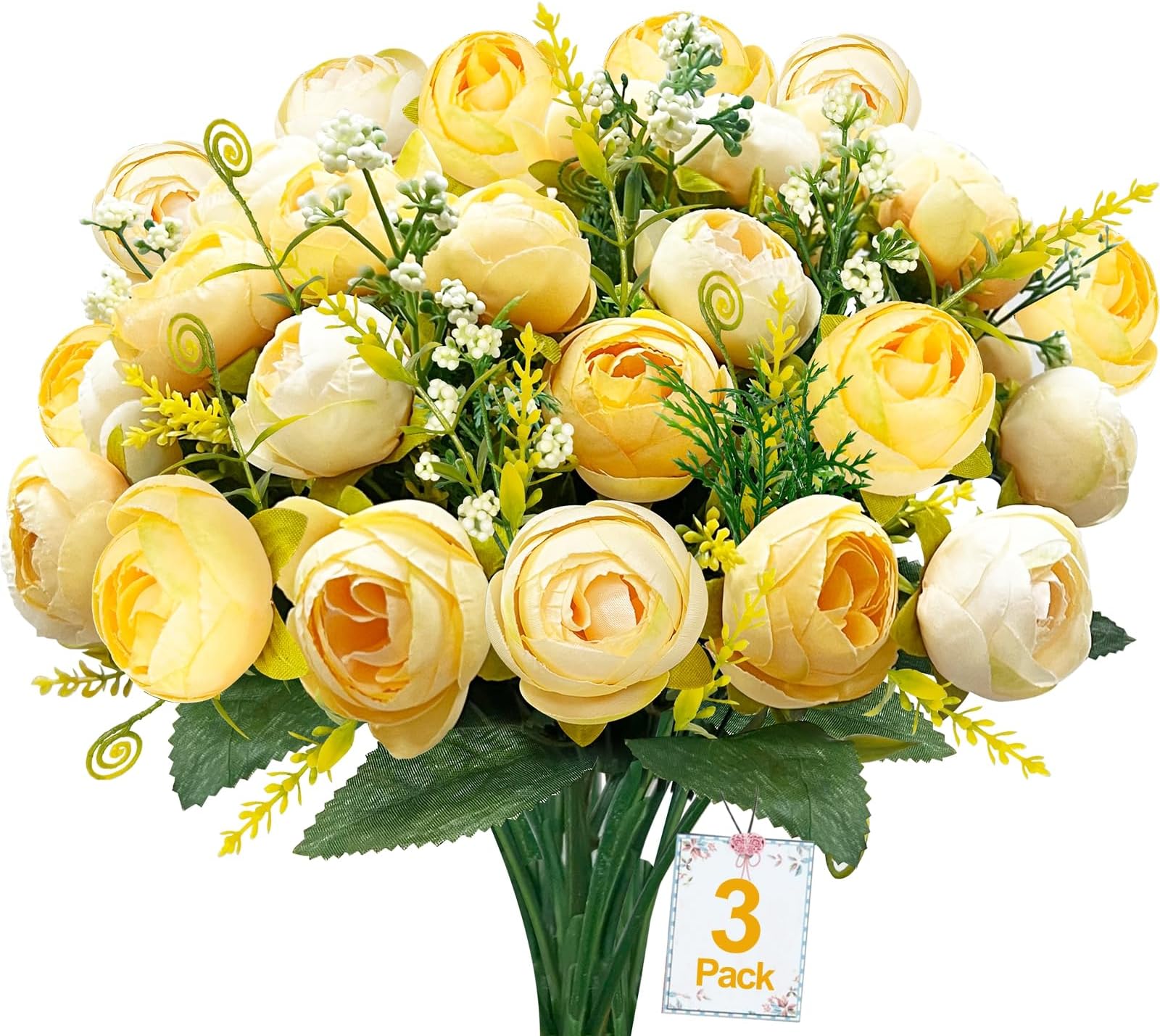 TURNMEON30 Heads Dual Color Artificial Flowers, 3 Bundles Silk Camellia Bouquet Faux Fake Flowers for Outdoor Home Decor Wedding Party Table Office Summer Cemetery Decorations(Champagne White)