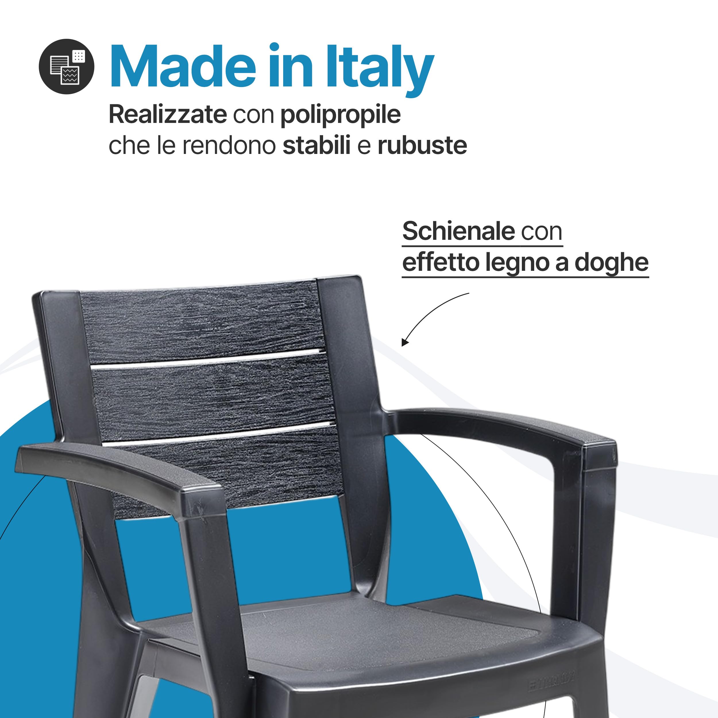 Tomaino - Set 6 Sedie Da Giardino In Plastica Maya - Sedie Plastica Impilabili Con Braccioli e Schienale a Doghe - Sedia Giardino Per Esterno, Terrazzo o Bar - Nero