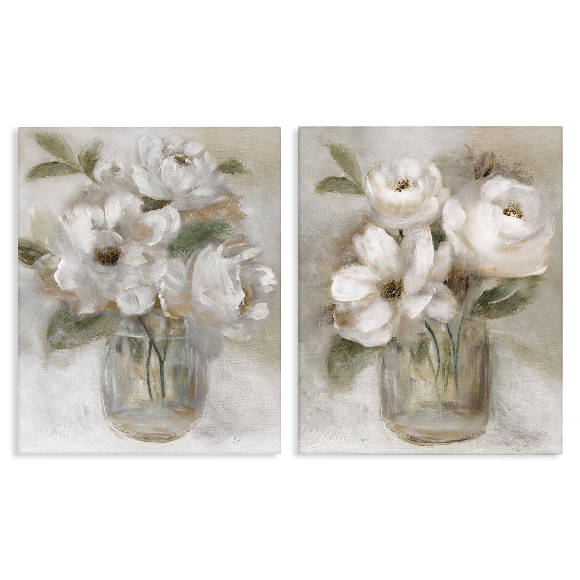 Stupell Industries Brushed White Roses Bouquet 'Brushed White & Beige Roses', 2Pc Canvas Art Set 2, 16 X 20 Inches, Easy To Hang And Sturdy, Made In Usa, By Nan