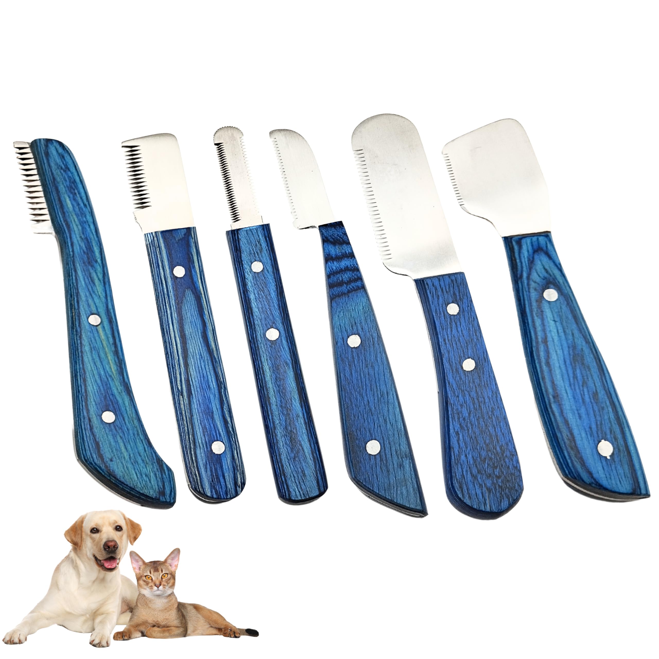 Professional Stripping Knife Set - Set of 6 Dog and Pet Stripping Knives set – Stainless Steel Blades with Blue Wooden Handles – Hand Stripping Tools for Dogs and Cats - Gift Box included. — image 1