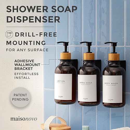 Vista 35 de MaisoNovo Dispensador de champú y acondicionador, dispensador de jabón de ducha montado en la pared, juego de 3 botellas de plástico transparente