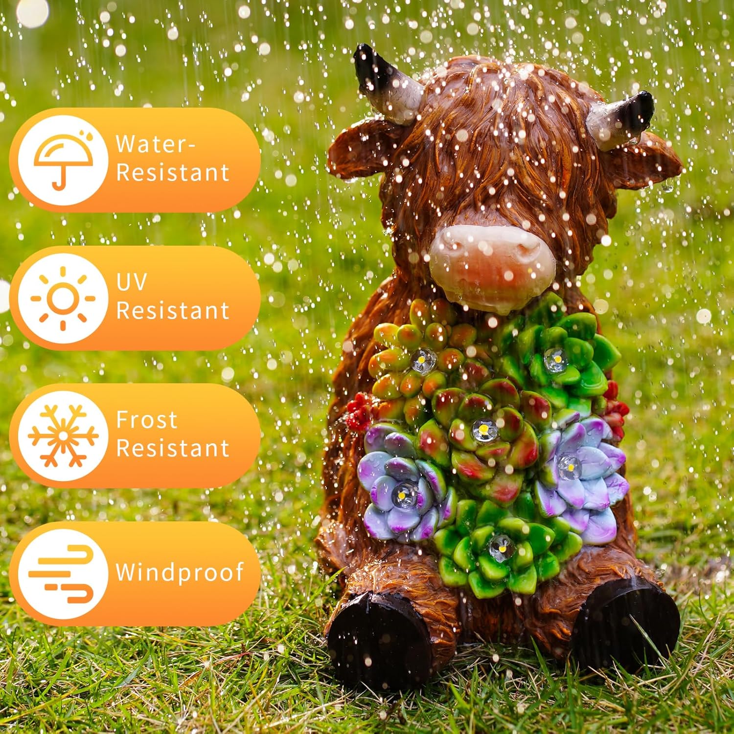 Solar Powered Highland Cow Garden Statue with Succulent LED Lights – Whimsical Resin Decor for Patio, Lawn, Yard – Perfect Birthday & Garden Gift for Women, Mom, Grandm