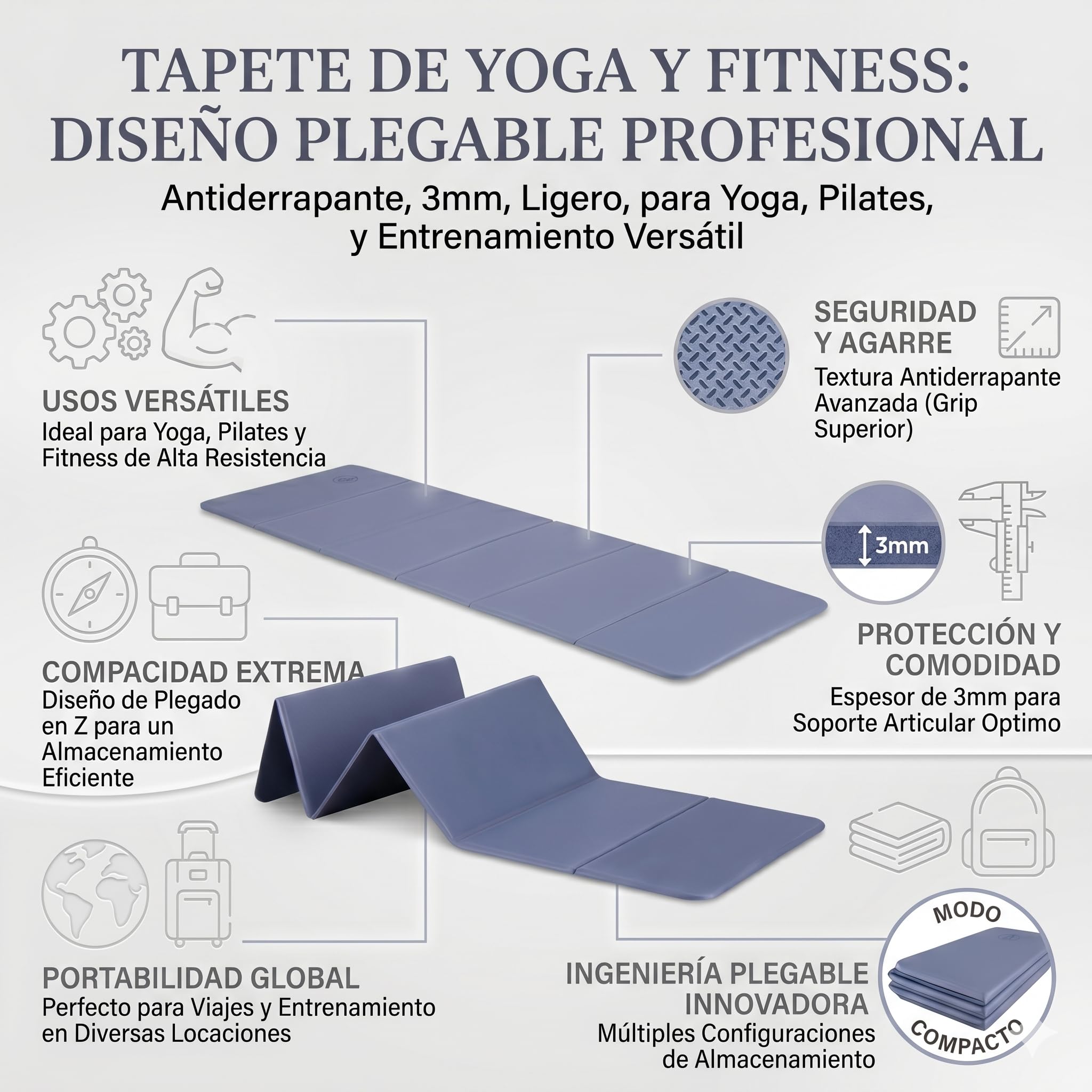 Tapete de Yoga Plegable Antiderrapante, 3mm, Portátil y Ligero, para Yoga, Pilates, Fitness y Entrenamiento en Casa o Viaje