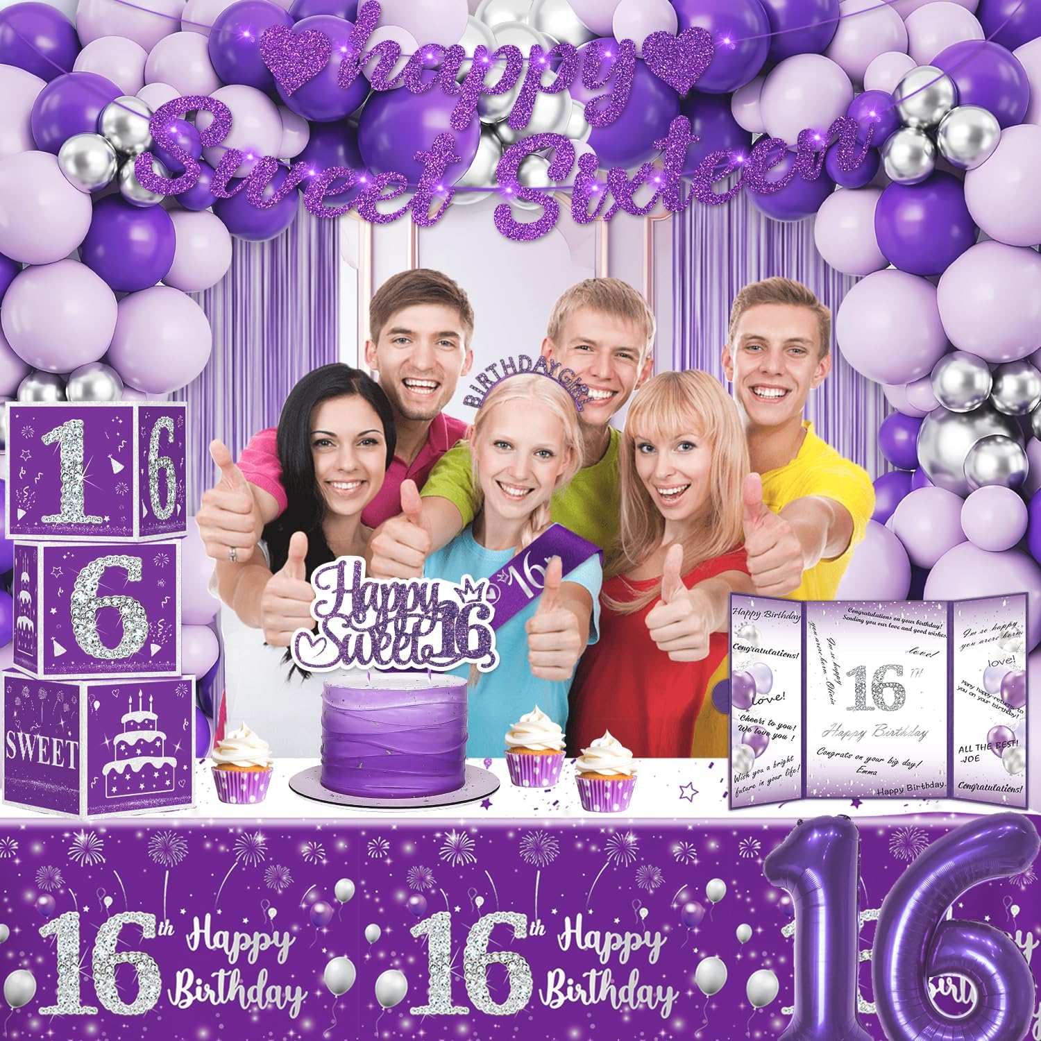 cocomigo 104pcs Sweet 16 Birthday Decorations for Girls, Purple Sweet 16 Party Decorations include Banner Balloons Balloons Box Tiara Sash Caketopper Guest Book Tablecloth Foil Fringe Curtain
