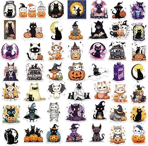 Miniatura 2 de Calcomanías de gatos negros, 50 unidades Kawaii divertidas calcomanías de juguete de gatos de Halloween para libros, grafiti, calcomanías de vinilo