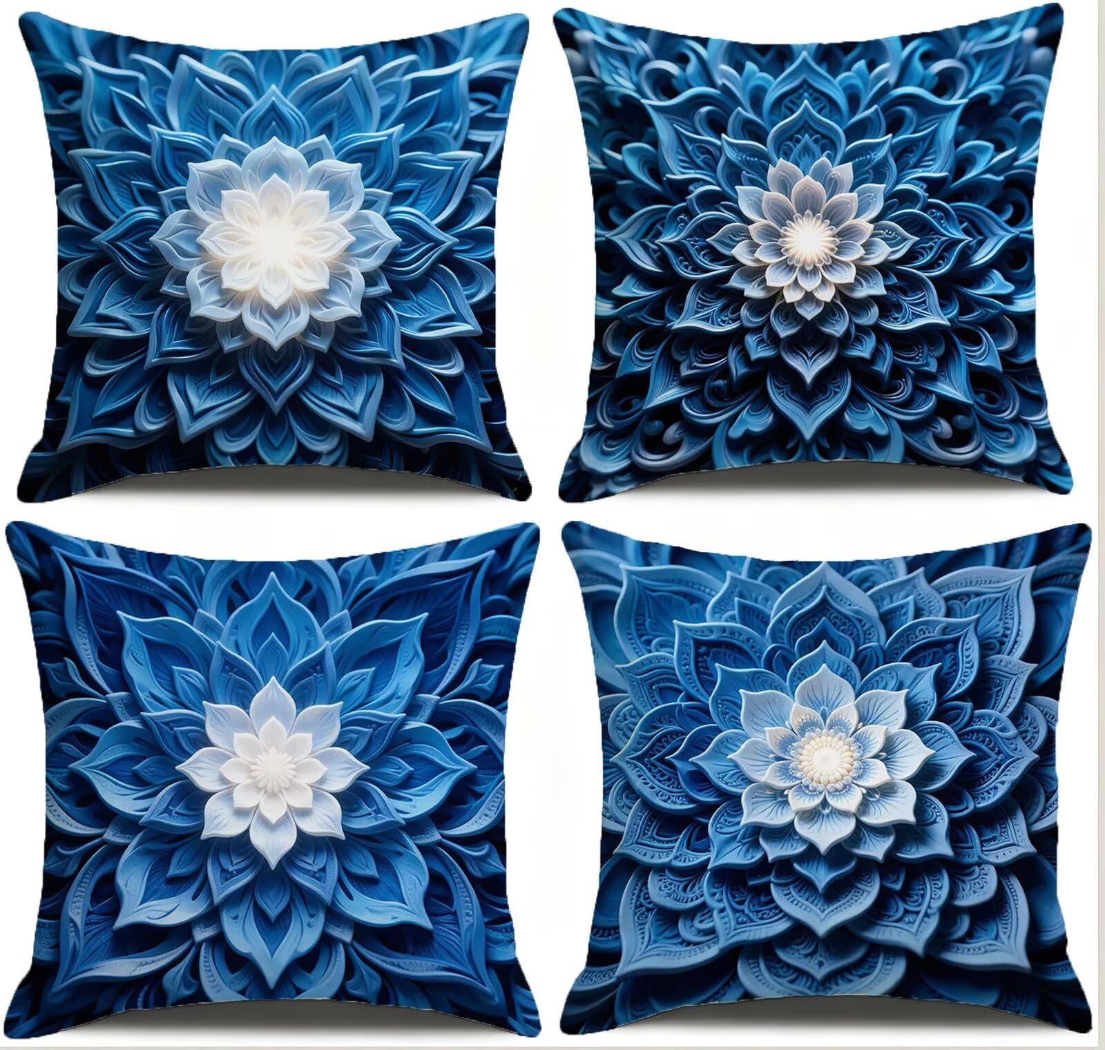 Blu Federe Cuscini Divano 60x60cm, Cuscini da Esterno Set de 4, Cod-153 | Lin Copricuscini Decorativi Letto Arredo, per Letto, Soggiorno, Giardino, Esterno, Casa Decorazione Set di 4 Fiore