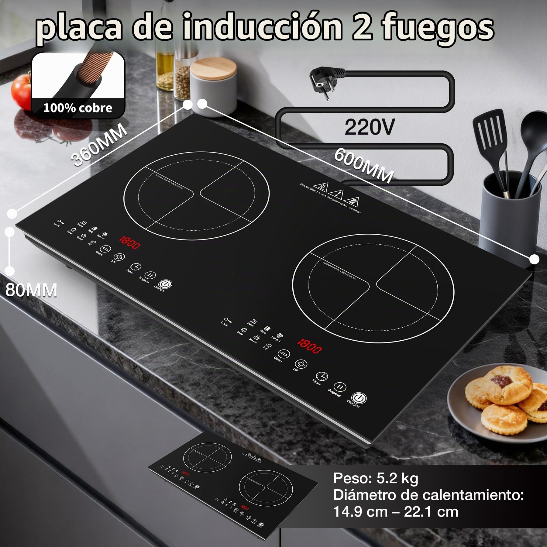 VBGK induccion 2 fuegos，220V 3600W vitro portatil 2 fuegos Con panel de acabado cepillado y control táctil LED, placa de inducción con 9 niveles de potencia, bloqueo de seguridad infantil