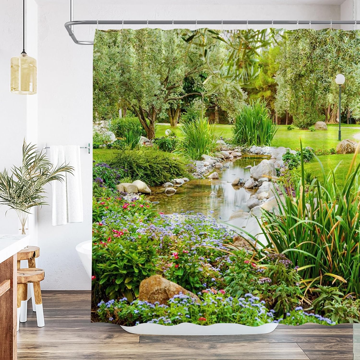 Scenic Shower Curtain Garden Landscape Nature Flower Plant Scenery Spring Summer Country Rustic Floral Bathroom Decor Polyester Fabric Curtains Set with Hooks 90Wx70H Inch