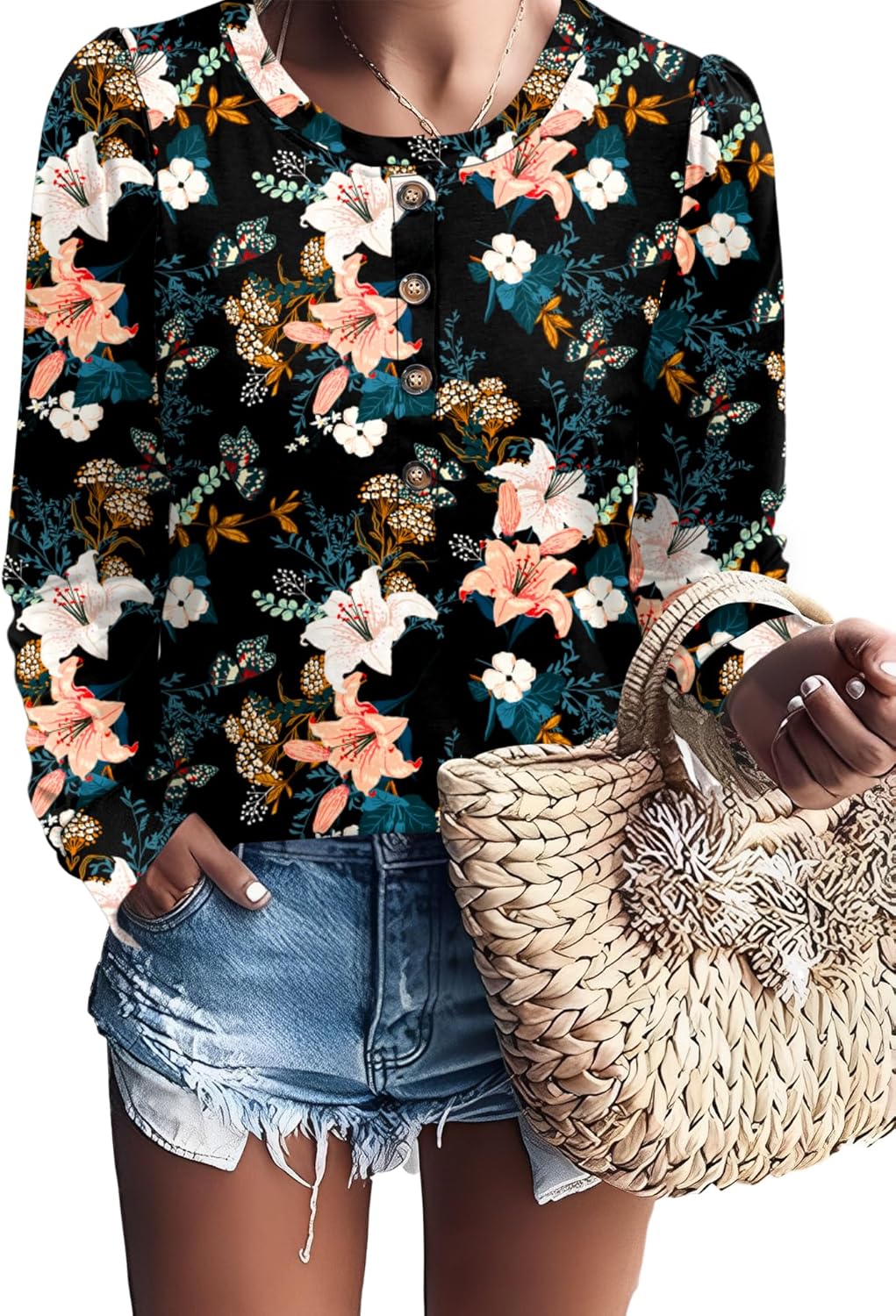 LOMON 2025 Spring Women’s Long Sleeve Blouses Button Up Henley Shirt Basic Crew Neck Casual Tunic Tops S-XXL