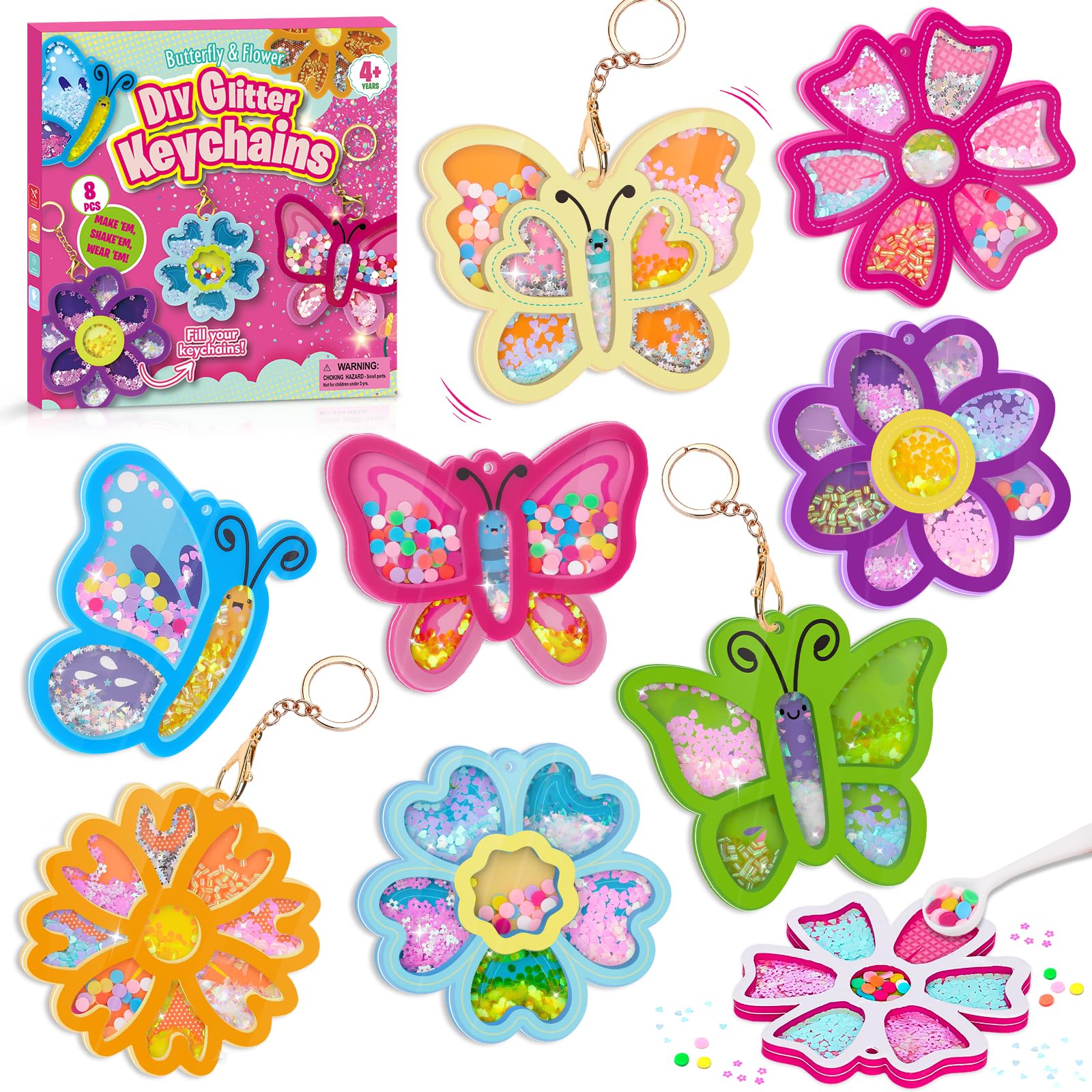Gifts for 4 5 6 7 8 Year Olds Girls: Glitter Keyring Making Craft Kits for 5-6-7-8-4-9 Year Old Kids Girls Birthday Presents, DIY Arts and Crafts Toys for Kids Age 5-10 Butterfly & Flower Shake-it Set