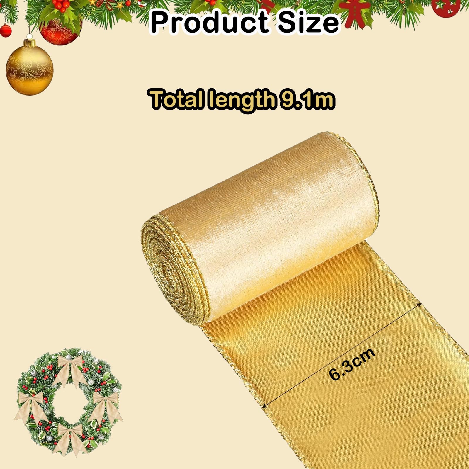 9.1M Satin Gold Ribbons for Gift Wrapping Cake Decoration, Wedding Party - Thick, Velvet, Champagne Gold - Image 2