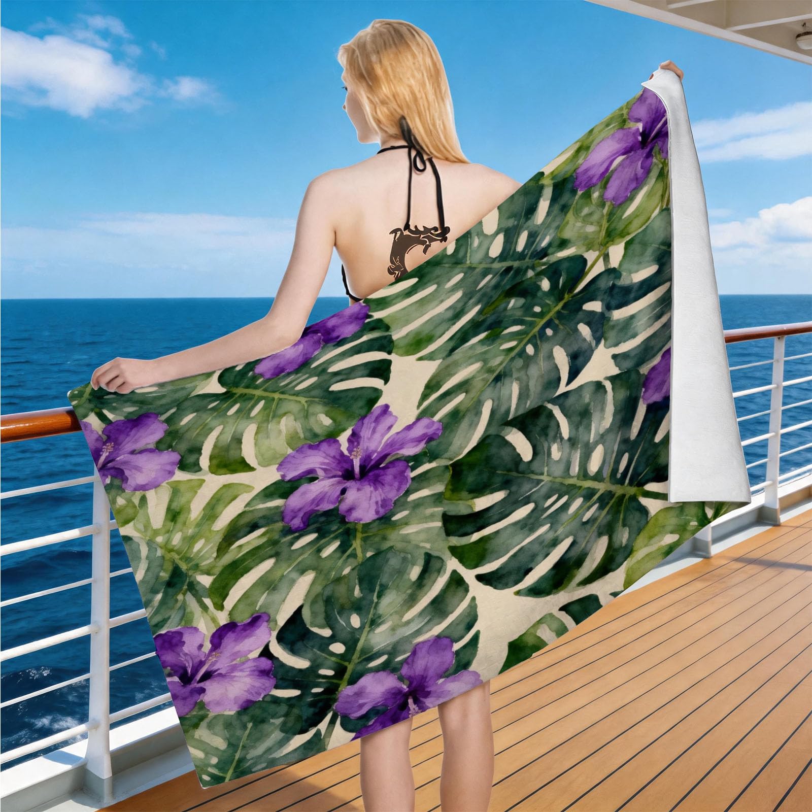 Hongduo Microfiber Quick Dry Beach Towel Tropical Flowers, 3D Monstera Leaf Beach Towels Absorbent Fast Drying Bath Towels, Travel Camping Gym Swimming Bathroom (70x150cm)