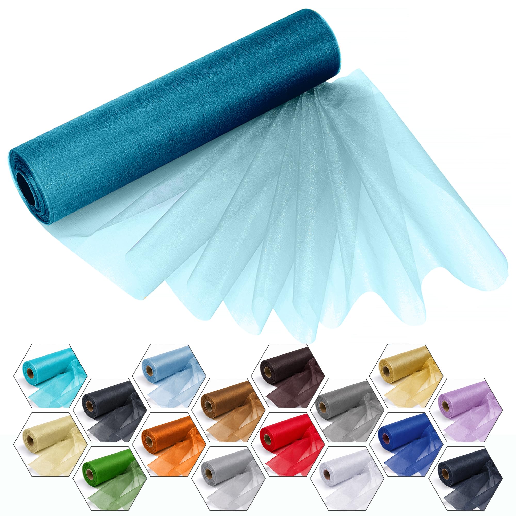 WedDecor 25m x 29cm Snow Sheer Turquoise Blue Organza Roll Sash Glitter Fabric for Table Runner Sashes Wedding & Christmas Decoration, Chair Cover Bows, Party Favours, Ribbon Crafting Supplies, 5pcs — image 1