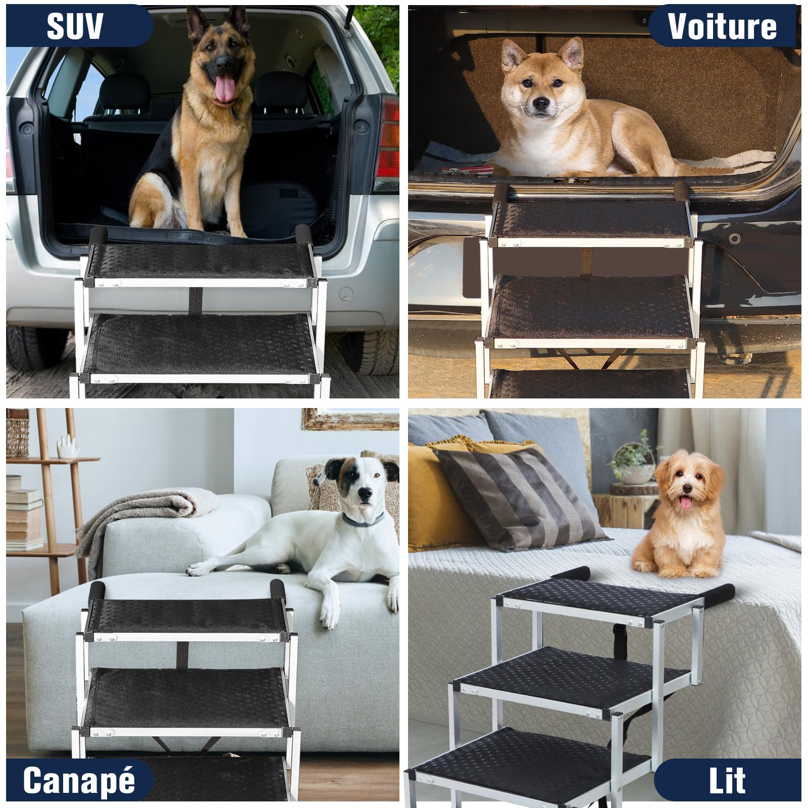 Escalier de Voiture Pliable pour Grands Chiens, Rampe d'escalier pour Chien avec Surface Antidérapante，Rampes Légères pour Chien pour Voiture et SUV pour Chiens Jusqu'à 80kg