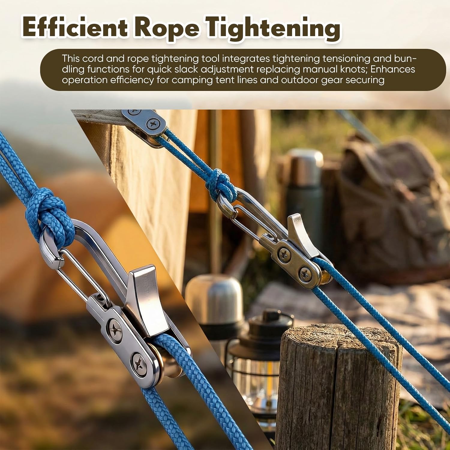 Landhoow 24 Pcs Stainless Steel Rollers Cord Tightening Tool with Roller Buckle Lock Knot-Free Rope Tightening Tensioner for Paracord Camping Tent Tarp Tie Downs Outdoor Gear Securing (Silver) image 5