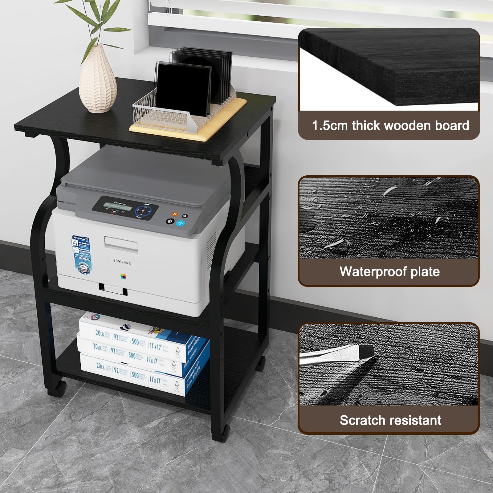 PUNCIA Grande supporto per stampante, 50 x 40 x 73 cm, con ripiano regolabile, carrello a 3 livelli con ruote per organizzazione di casa e ufficio, ripiani multifunzione per pressa a caldo, stampante