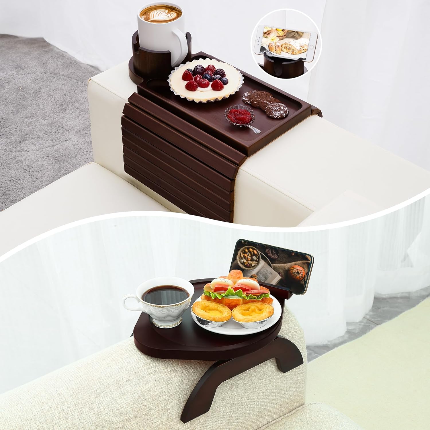 Couch Cup Holder Tray - 3 in 1 Sofa Arm Tray with 360° Rotating Cup Holder & Phone Stand with Round Couch Arm Table Tray Perfect for Living Room Home