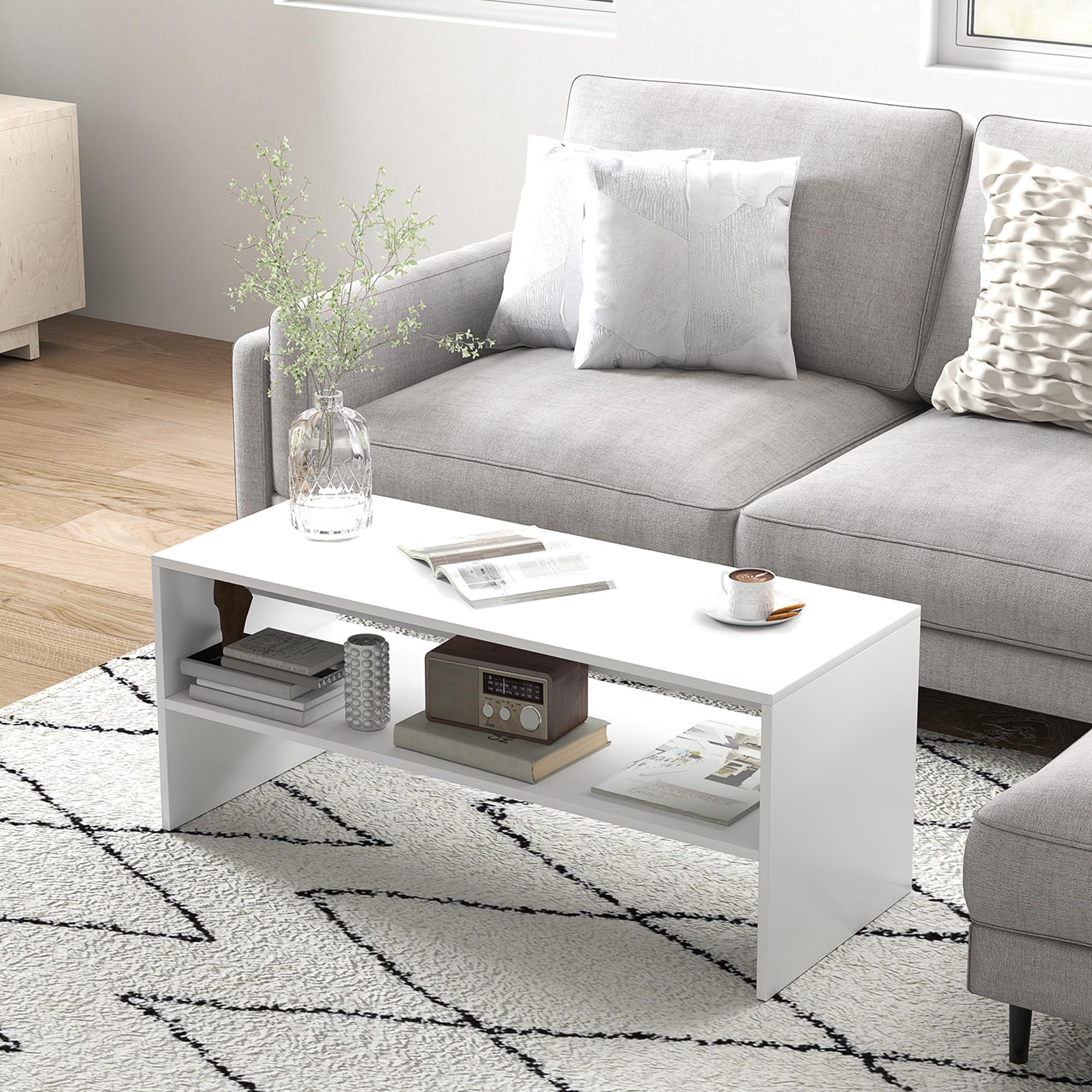 HOMCOM Tavolino da Caffè Moderno 2 Livelli 100x40x41.5 cm Bianco | Ripiano Aperto, Piedini Antiscivolo, Tavolino Basso in Truciolato