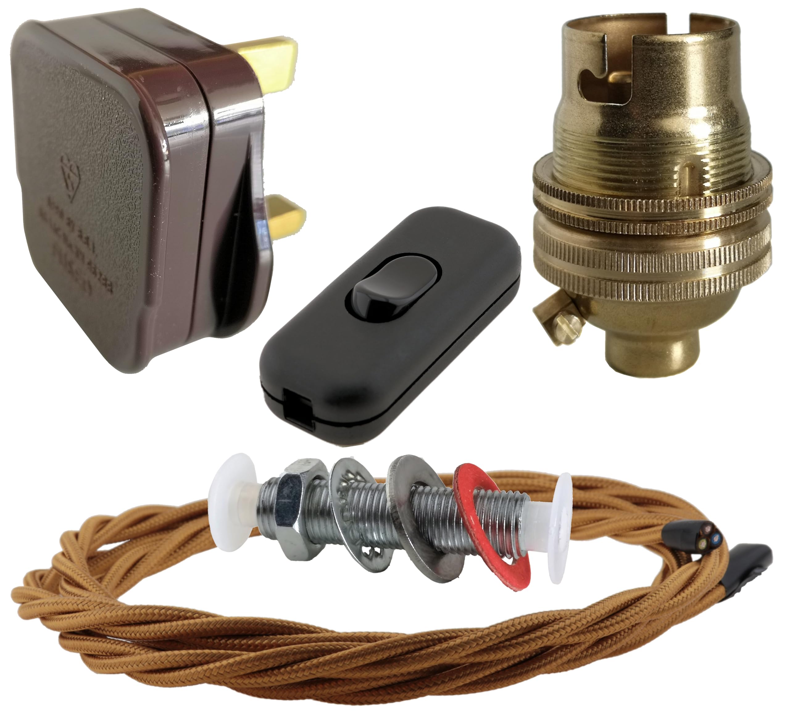 Art Deco Emporium Lamp Repair and Service Kit | Brown Plug | Antique Gold Flex | Black Switch | B22 Brass Lamp Holder
