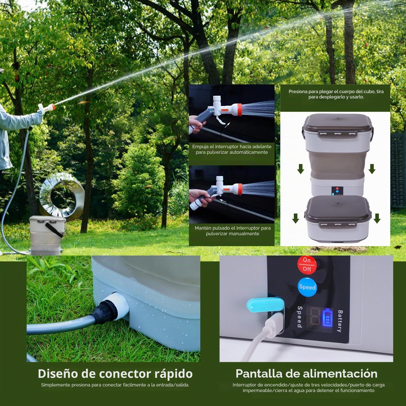 Limpiador portátil para exteriores con depósito de agua de 12 litros, limpiador de alta presión portátil inalámbrico con 5 modos de pulverización, pulverizador eléctrico multifunción a presión para