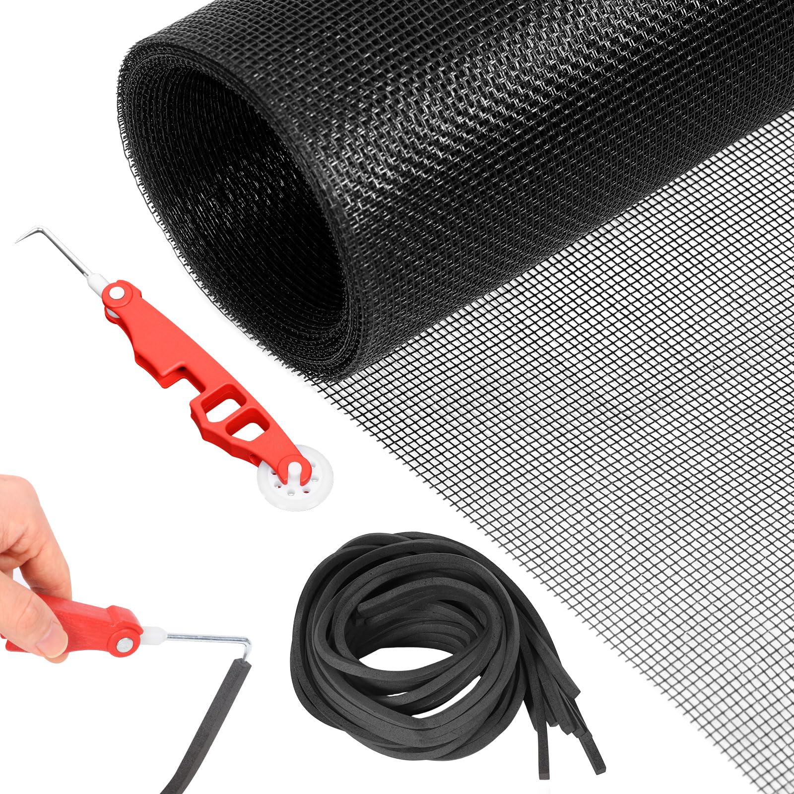 Fiberglass Window Screen Replacement Kit 120x500cm (48" x 197"), DIY Adjustable Insect Bug Mesh Netting with 9.7m Spline and Rolling Tools, Pet-Proof & Flame Retardant Fly Screen for Doors and Windows