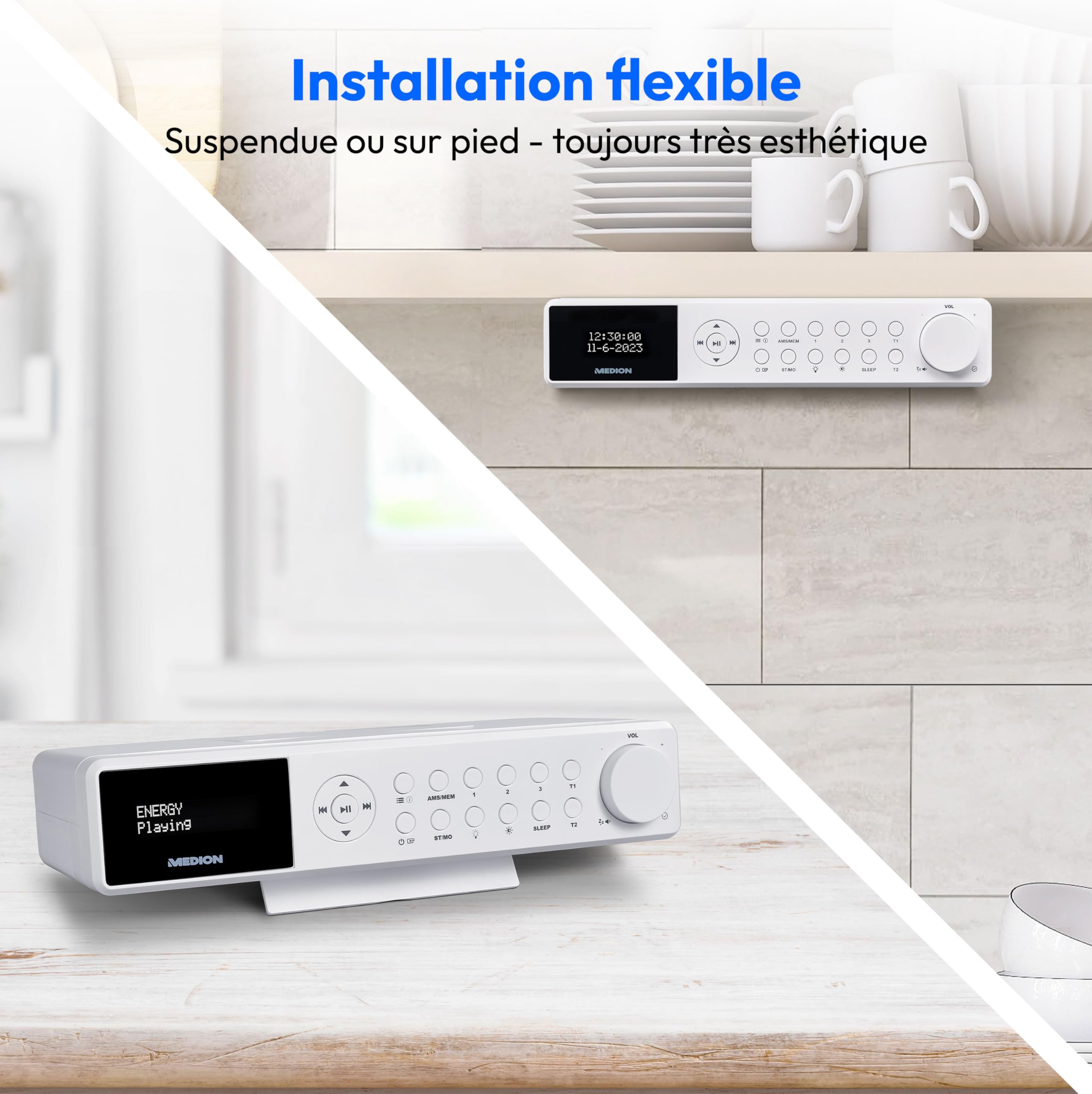 MEDION E6660 Radio de Cuisine (Dab+ Radio de Cuisine, PLL Radio FM, Bluetooth, LED Barre de lumière, sous Le comptoir, Cuisson minuterie, Affichage de l'heure) Blanc ;