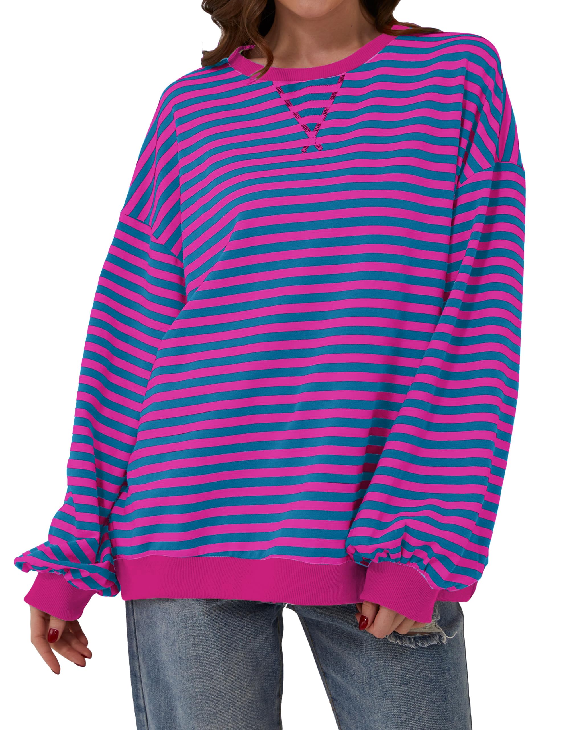 Chicrise Sudadera para mujer de gran tamaño, a rayas, bloque de color, manga larga, de punto, cuello redondo, parte superior suelta