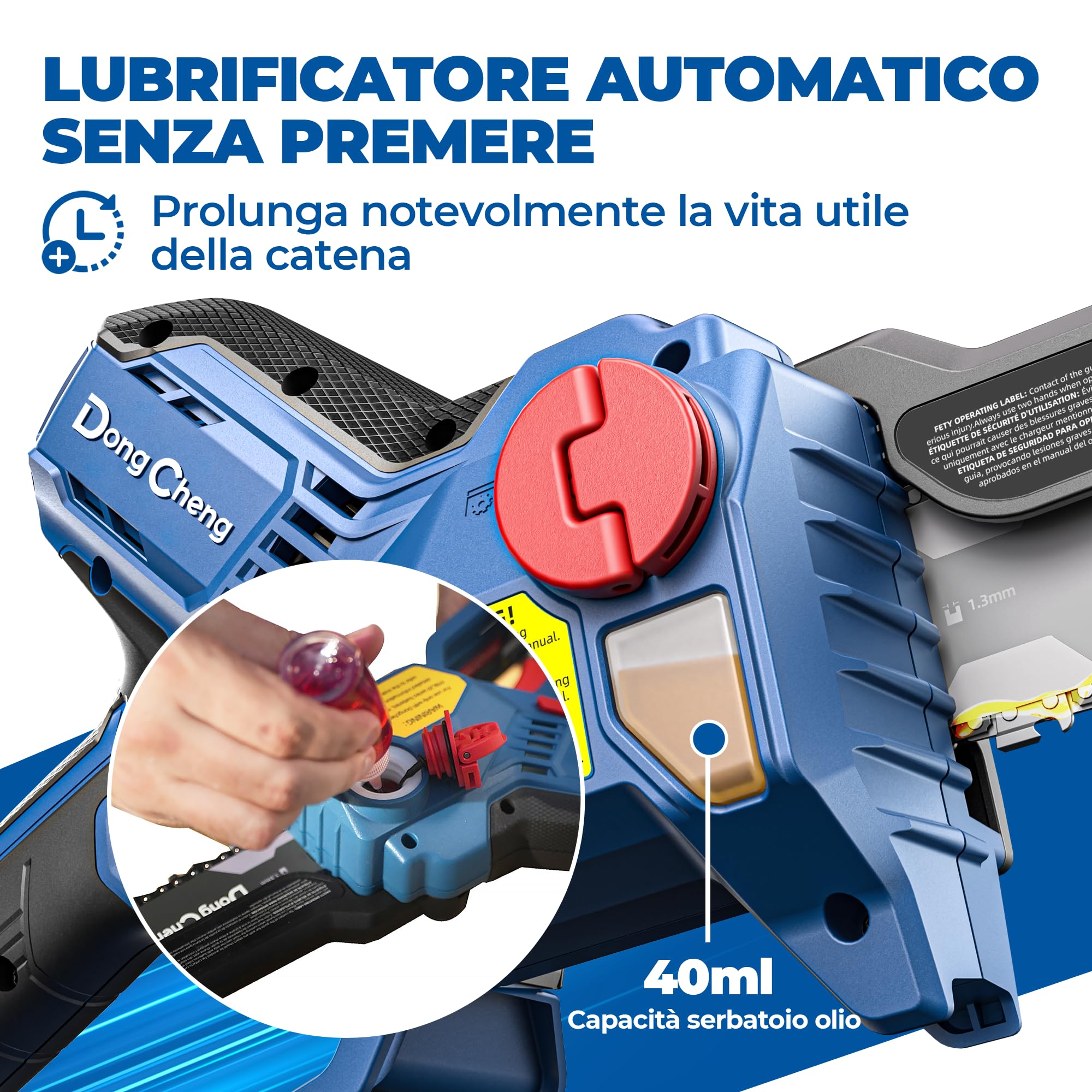 DongCheng Mini motosega a batteria per giardinieri e camperisti, motore brushless 750 W, 2 batterie 2000 mAh, 1,2 kg, mono mano, lama 15 cm, 8 m/s, tensionamento senza attrezzi e oliatore automatico