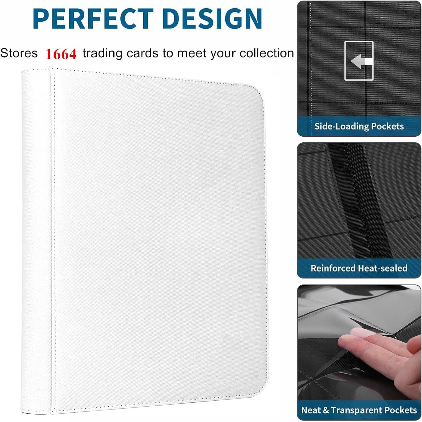 Premium 1664 Cards Capacity Binder, 16 Pocket Ringless Side-Loading Trading Card Album for TCG, MTG, Sports Cards; Zipper Card Album Folder for Displaying & Storaging Cards (White, 1664 Pockets)