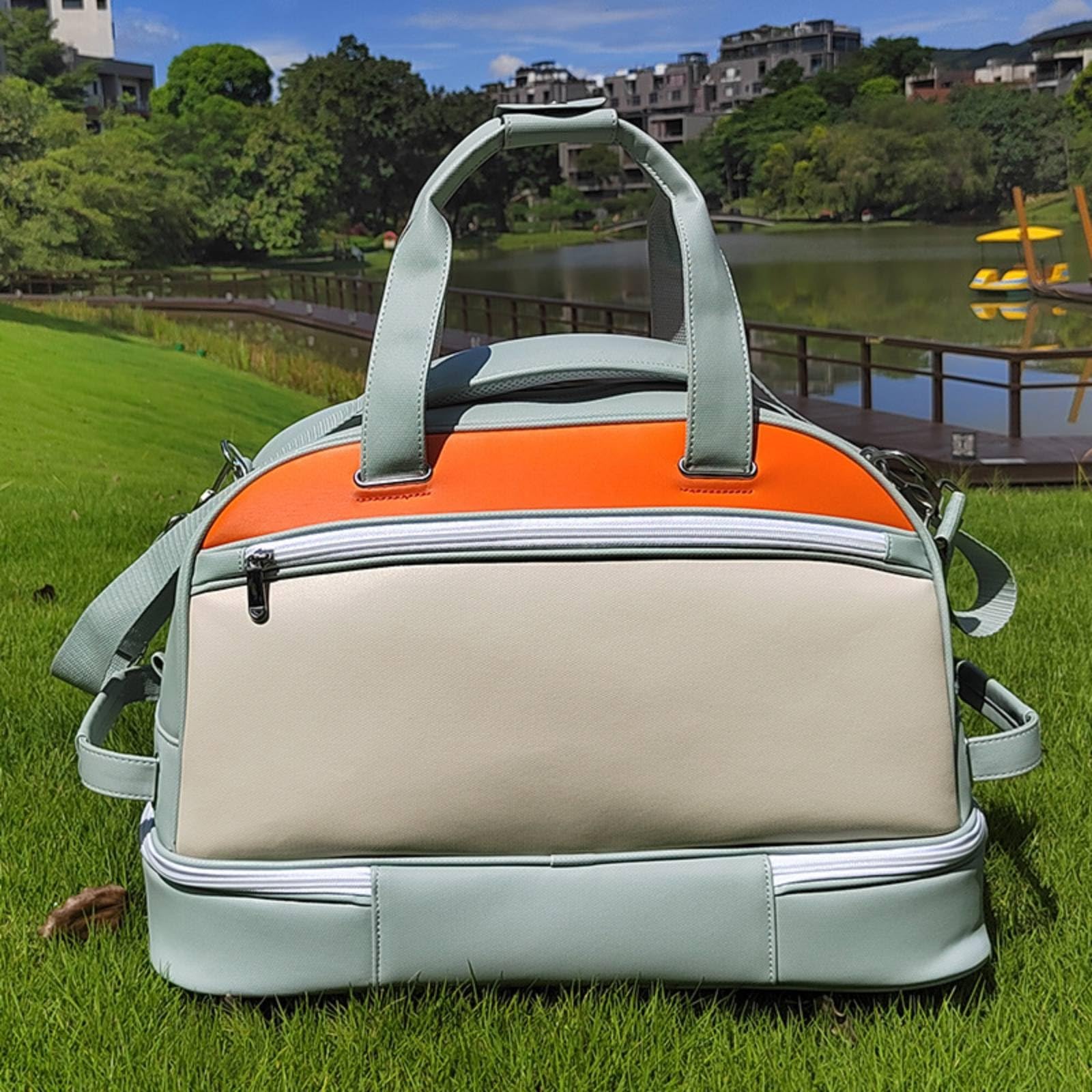 LOVIVER Borsa da Golf Borsone Sportivo Borsa Porta Vestiti Sacca Porta Scarpe in Pelle PU Antipioggia con Tasca Scarpe Separata per Spostamenti Albergo Adulti, Arancione, Arancione E Beige