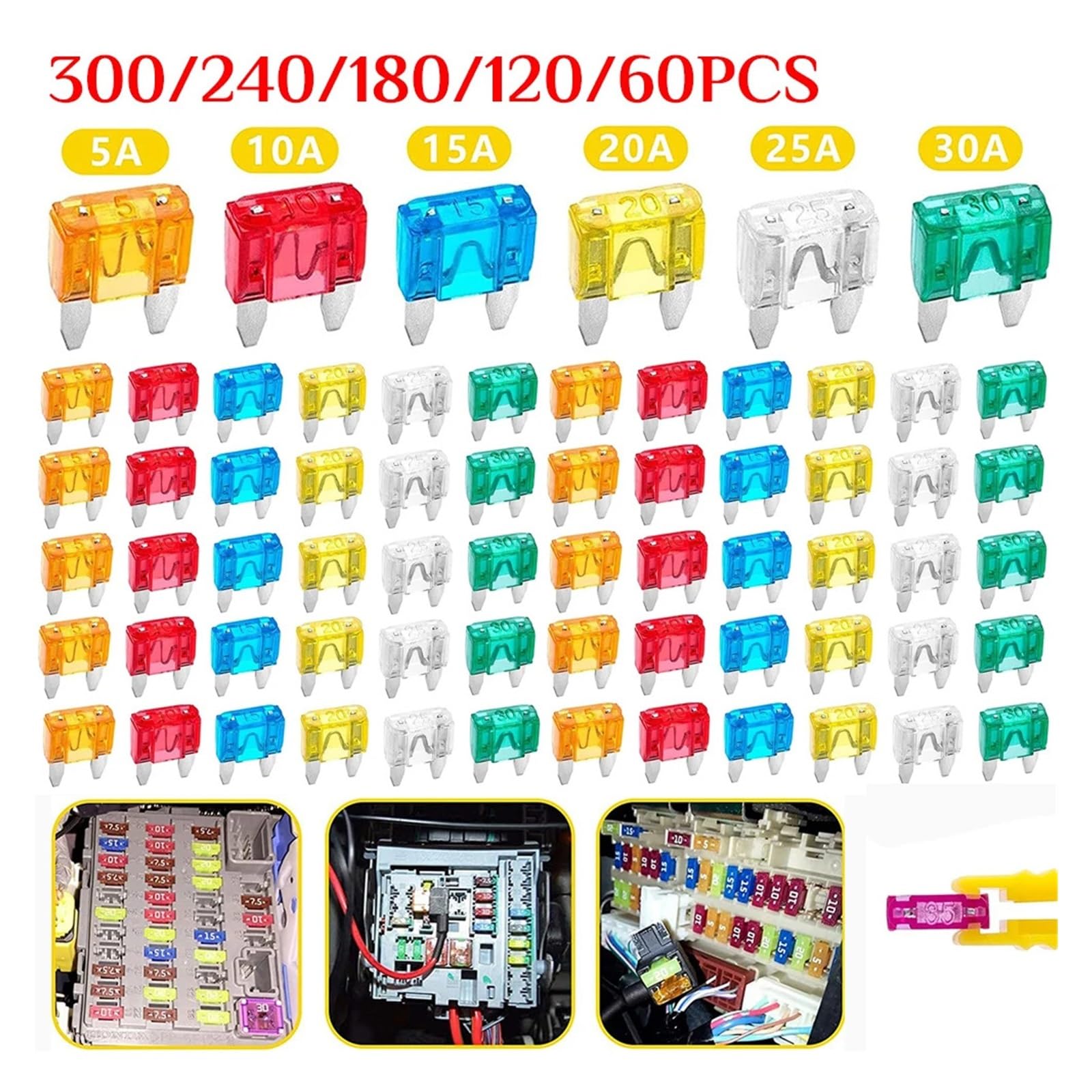 Kit misto di fusibili for auto e camion da 60-300 pezzi, assortimento lame ricambio for, 5/10/15/20/25/30 A