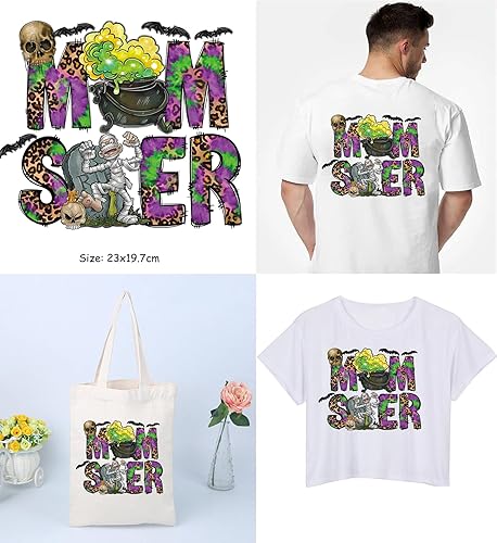 Miniatura 3 de 3 hojas de Halloween para planchar en transferencias de esqueleto, Halloween, adhesivos para planchar para ropa, murciélagos, terror, ojos, parches