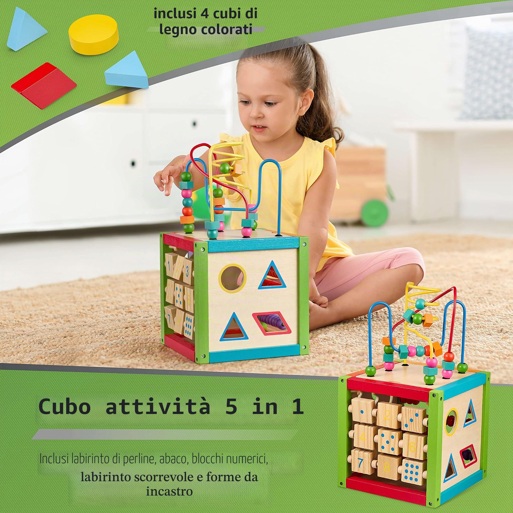 BALINCO Motor Cube, Cubo di attività per Bambini, 5 Lati con Labirinto di Perline, Abaco, Forme a pioli, Blocchi numerici, Labirinto Scorrevole, Giocattolo in Legno a Partire da 6 Mesi