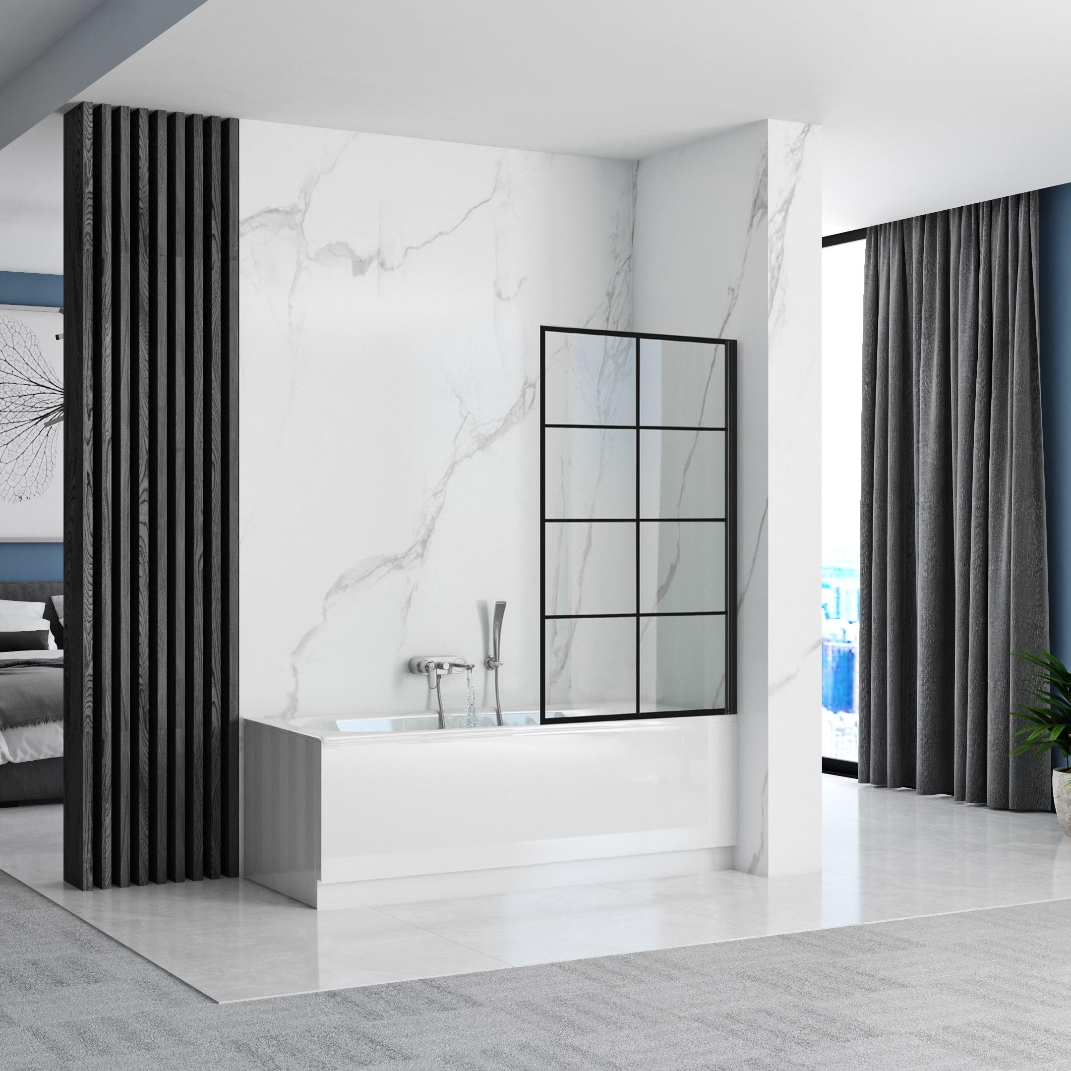 Rea Mampara de bañera Lagos-1 Fix Negro Mampara de bañera sobre pared 80 x 140 cm, cristal de seguridad 5 mm (Acabado perfil: Negro)