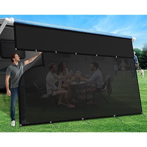 RV Awning Sun Shade Screen with Zipper 9' X 19'3",1200D Oxford Cloth + 8.2 oz Vinyl Mesh,95% UV Protection,Easy Install Sunscreen Shade Complete Kits for Trailer Awning,Black
