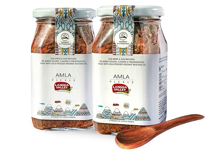 LANGHA VALLEY Combo of Homemade AMLA Pickle, Indian Gooseberry Pickle, Made with Cold Pressed Organic Mustard Oil, Sun Dried and Sun Matured, Pack of 2 (390g Each)