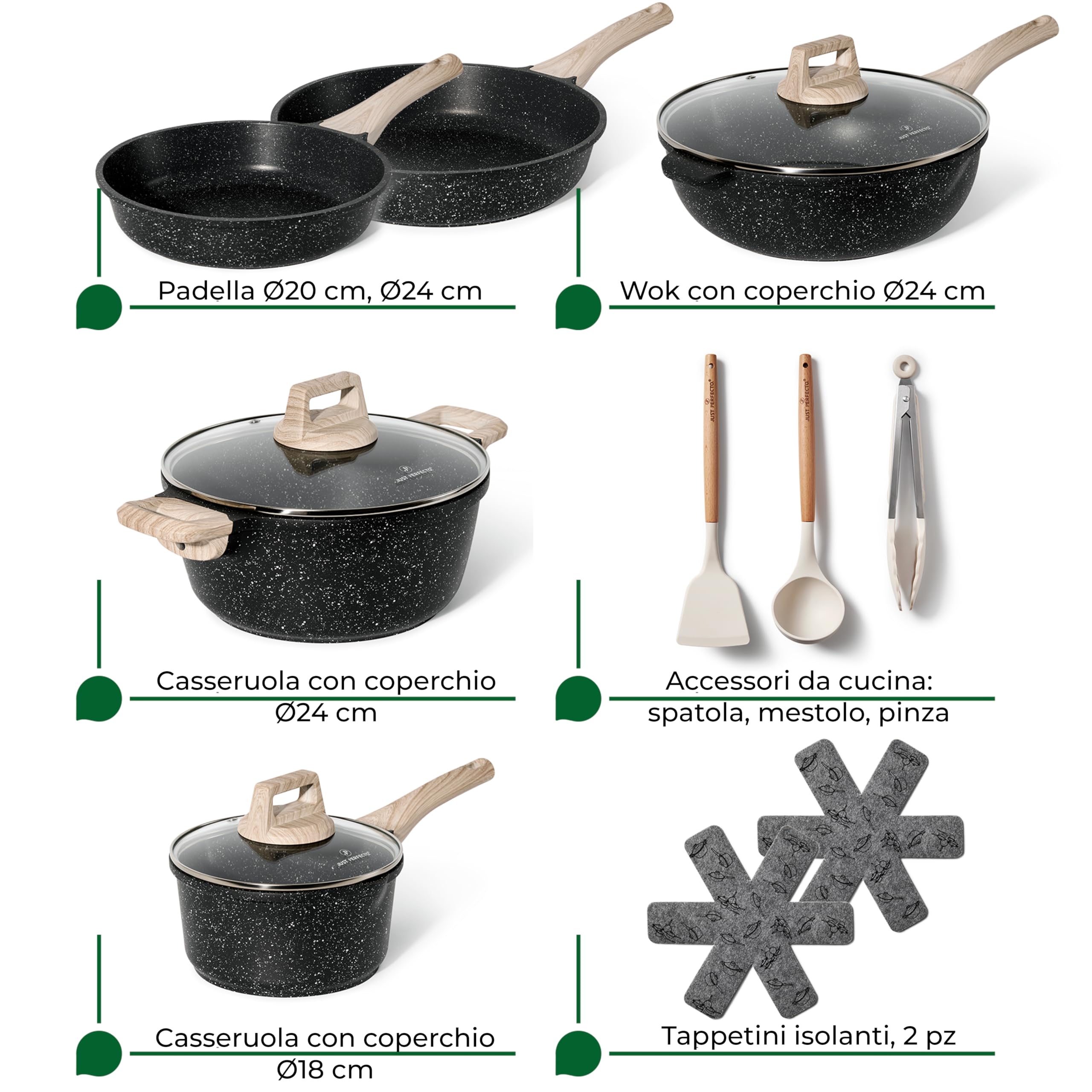 JUST PERFECTO Batteria Pentole e Padelle a Induzione, Set Padelle Antiaderenti Per tutti i piani cottura, Batteria di pentole antiaderente con Coperchi, set pentole induzione senza pfoa e ptfe