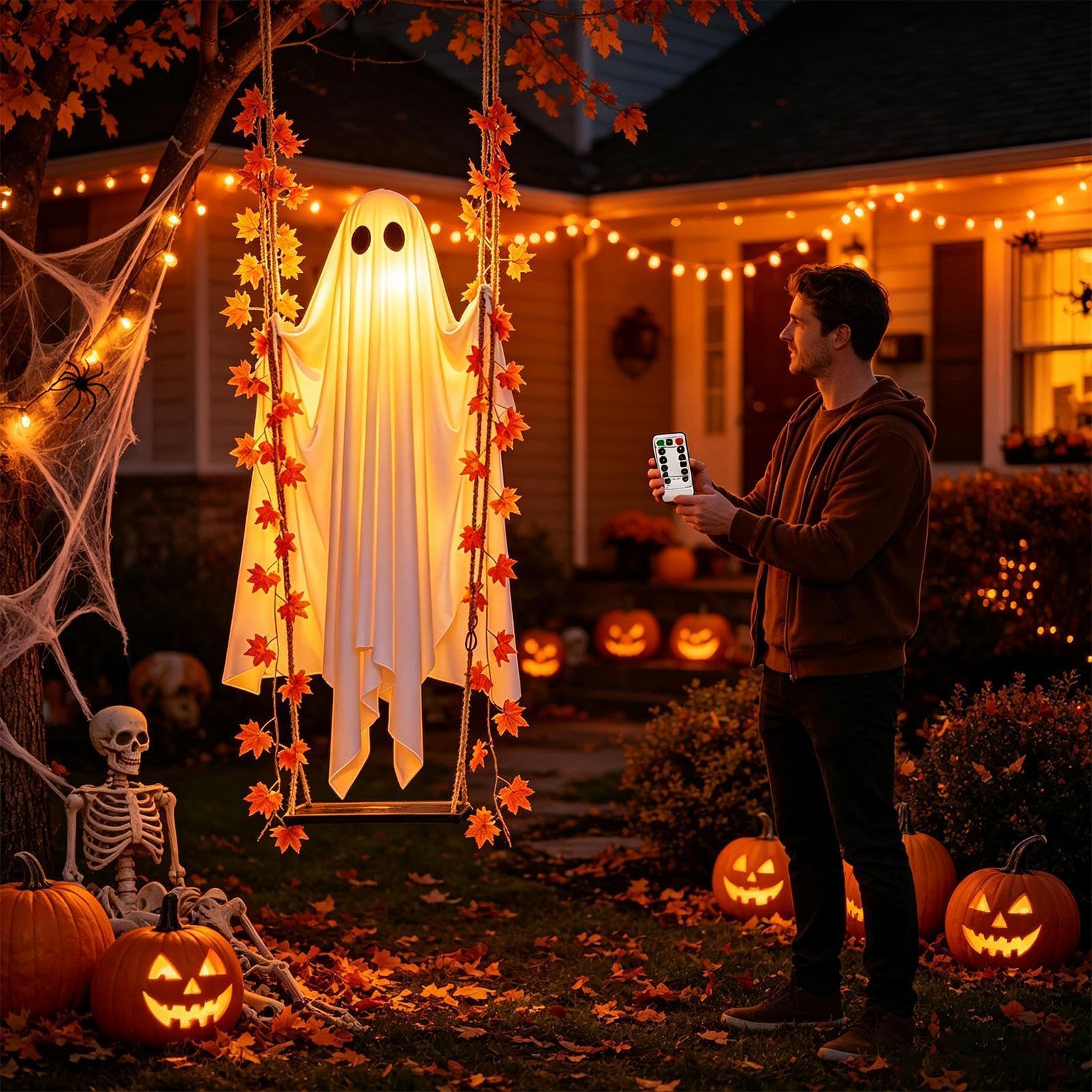 Fantasma di Halloween da Appendere su Altalena Decorazioni Esterno e Intern | Fantasma Luminoso Grande 120cm con luco LED 8 Modalità e Telecomando per Giardino Portico Albero Festa
