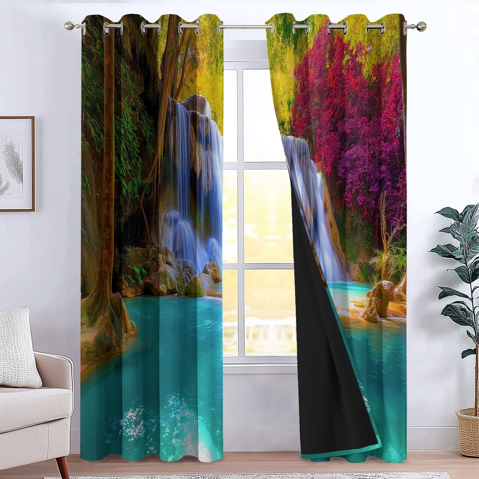 Verdunklungsvorhänge Garten Bäume Kinderzimmer Vorhänge Blickdicht, Hellblau Thermovorhang mit Ösen, für Schlafzimmer Fenster & Balkon Natur Felsen - 110 x 215 cm (2er Set)