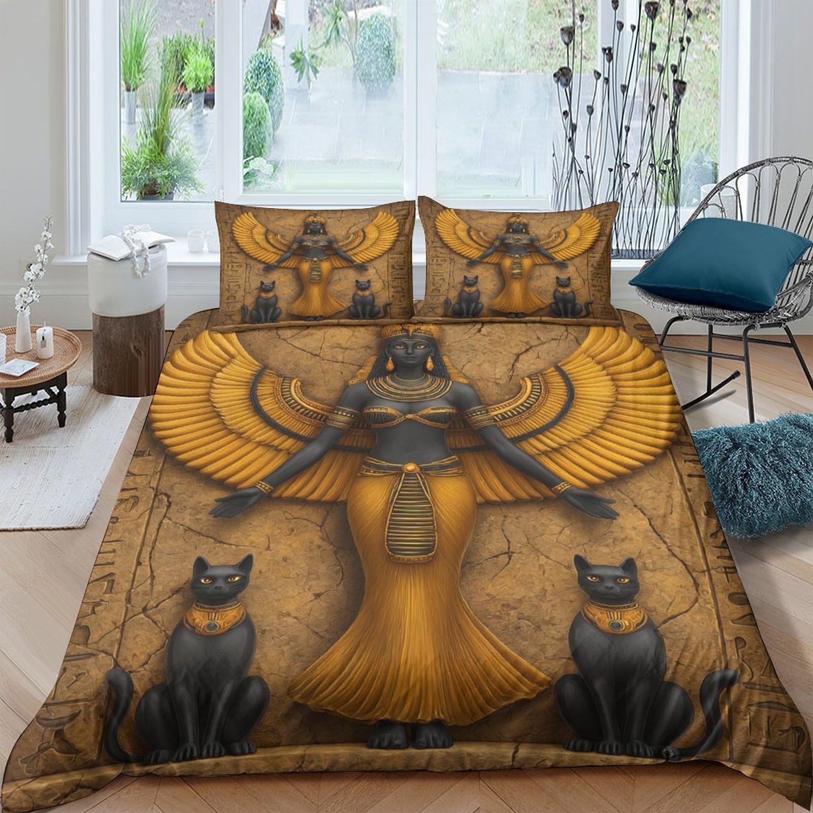 Ctjqhvkz Style-3 3D Printed Egyptian Goddess Fitted Sheet Microfiber Soft Black Cat Mattress Cover Gold Temple Bedroom Decor Single（135X200cm）