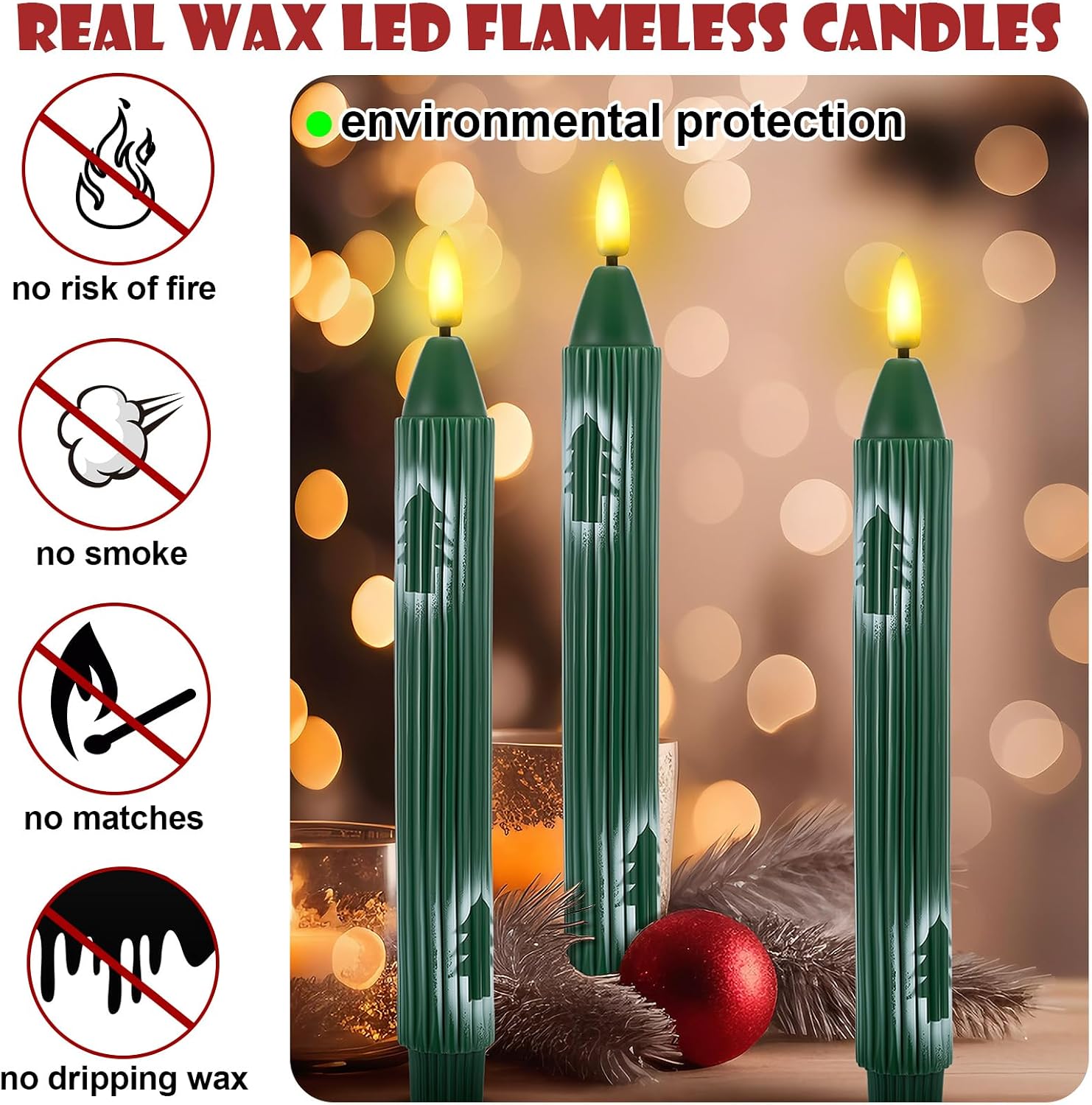 Funtery 12 Pcs LED Flameless Christmas Tree Taper Candles, 9.7" Real Wax Battery Operated Candlestick Lights with Remote Timer and 3D Flickering Flame for Home Decor(White,Stylish)