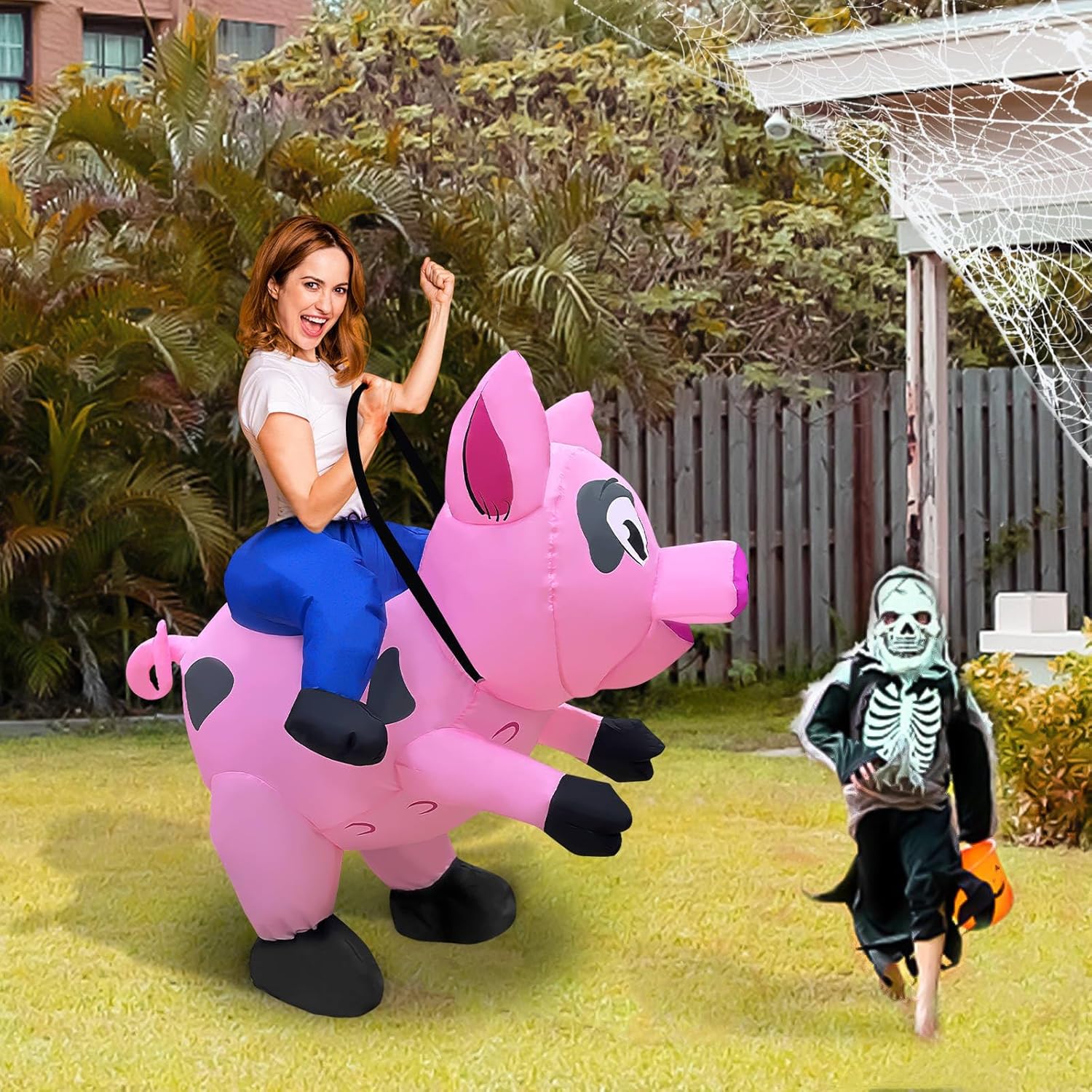 Camlinbo Halloween Inflatable Costume Riding Pink Pigs Funny Blows Up Animals Rider Cosplay Costume for Halloween Party Adult Men Women